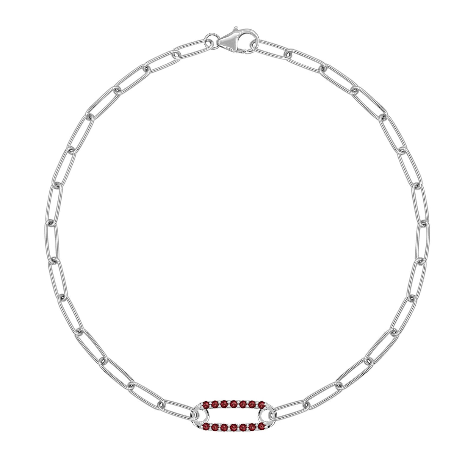 14k white gold Adelaide paperclip chain bracelet featuring one link encrusted with 1.5 mm pavé garnets