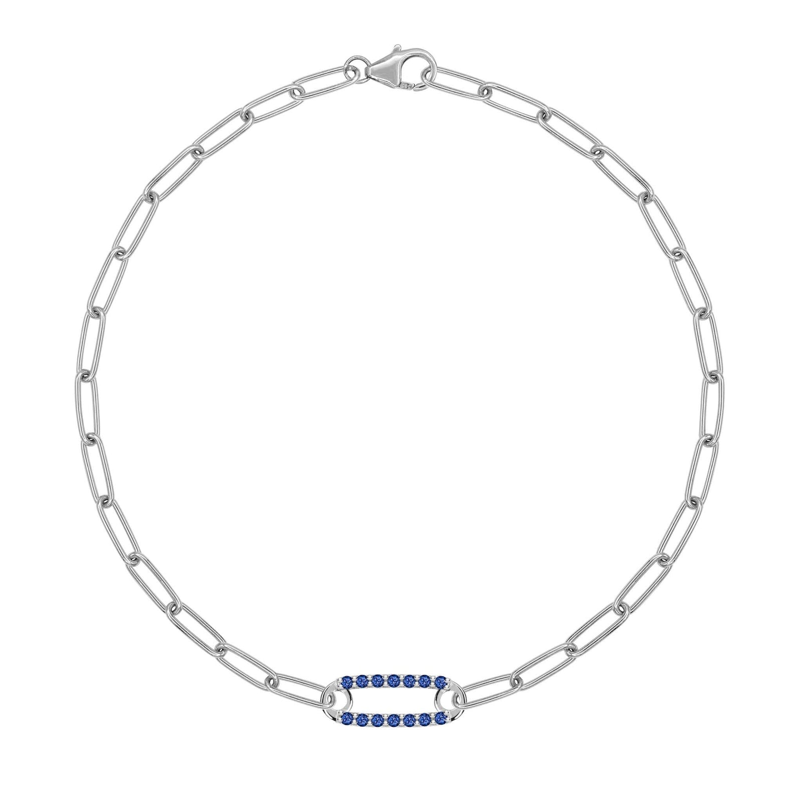 14k white gold Adelaide paperclip chain bracelet featuring one link encrusted with 1.5 mm pavé sapphires