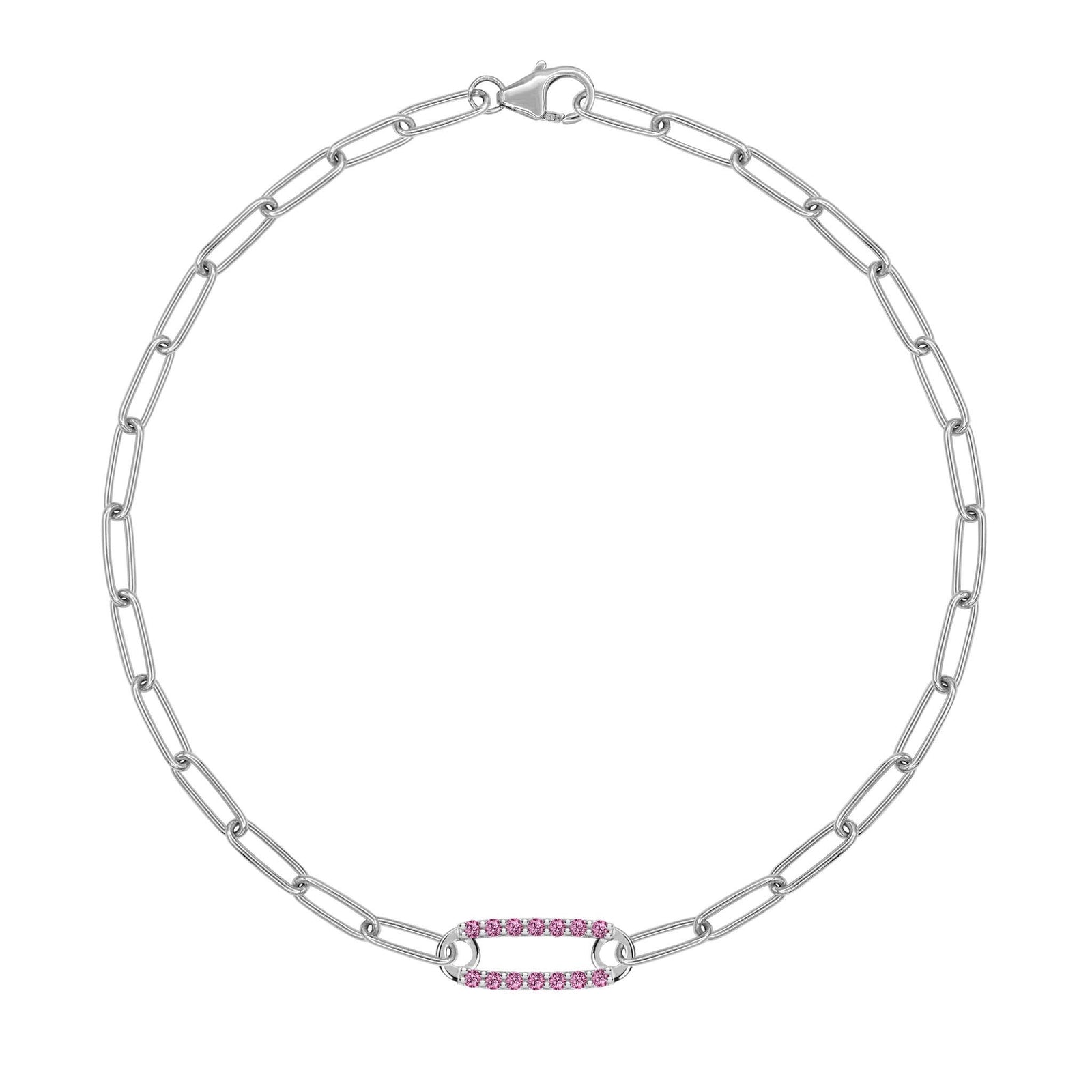14k white gold Adelaide paperclip chain bracelet featuring one link encrusted with 1.5 mm pavé pink sapphires