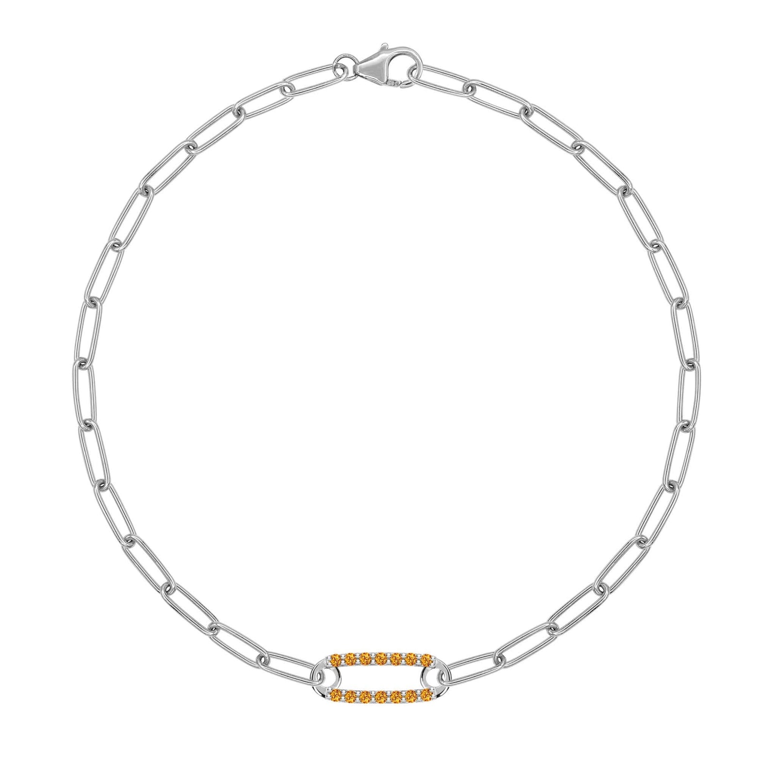 14k white gold Adelaide paperclip chain bracelet featuring one link encrusted with 1.5 mm pavé citrines