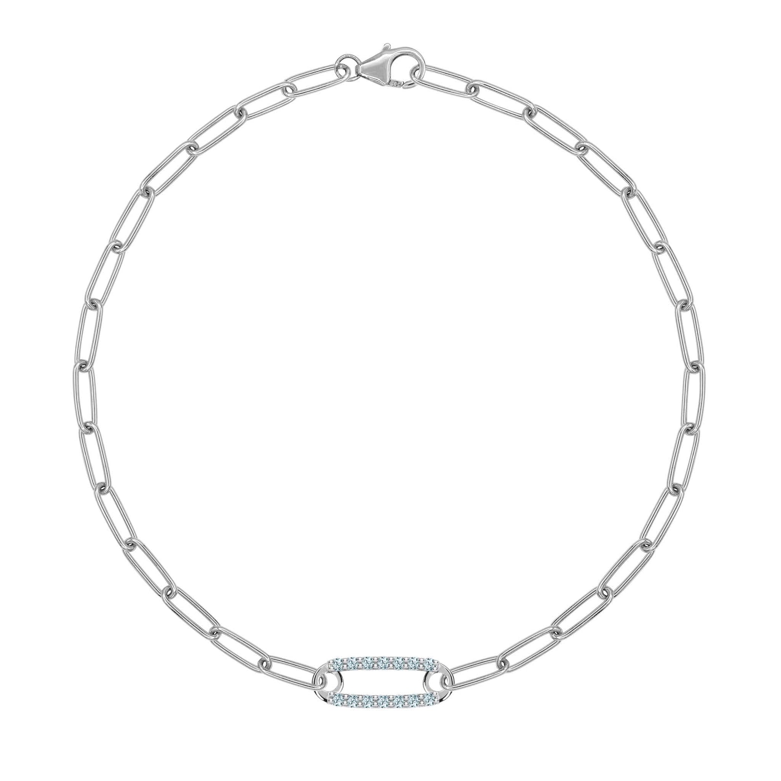 14k white gold Adelaide paperclip chain bracelet featuring one link encrusted with 1.5 mm pavé Nantucket blue topaz