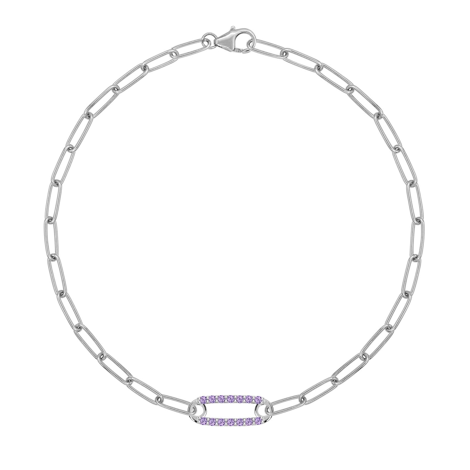 14k white gold Adelaide paperclip chain bracelet featuring one link encrusted with 1.5 mm pavé amethysts