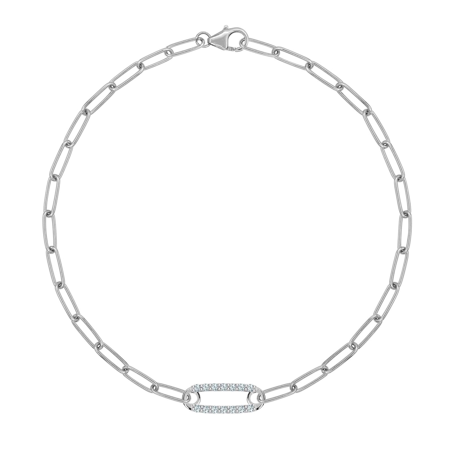 14k white gold Adelaide paperclip chain bracelet featuring one link encrusted with 1.5 mm pavé aquamarines