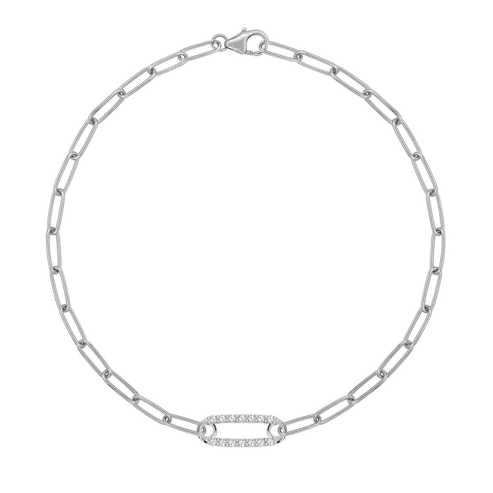 14k white gold Adelaide paperclip chain bracelet featuring one link encrusted with 1.5 mm pavé white topaz