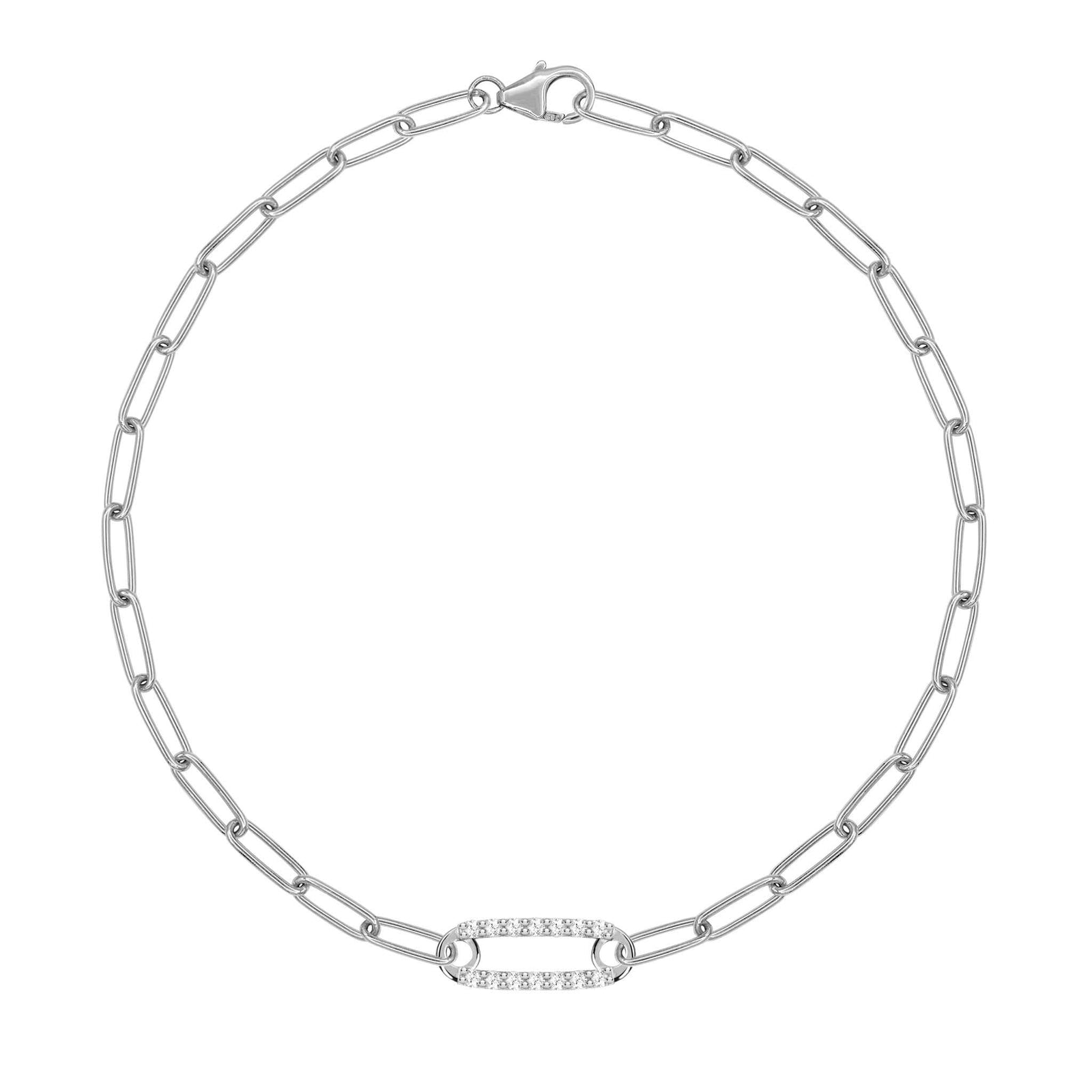 14k white gold Adelaide paperclip chain bracelet featuring one link encrusted with 1.5 mm pavé diamonds