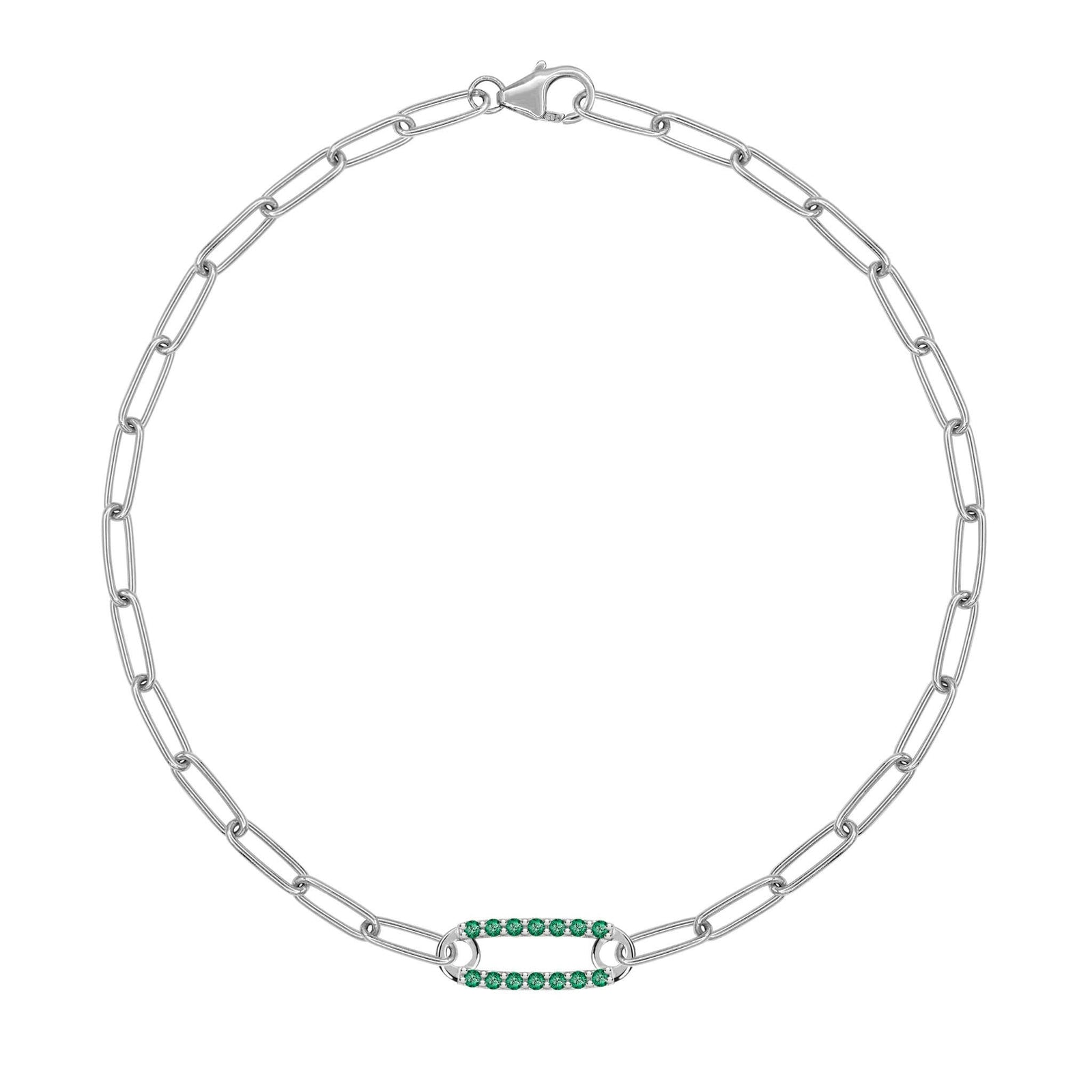 14k yellow gold Adelaide paperclip chain bracelet featuring one link encrusted with 1.5 mm pavé emeralds