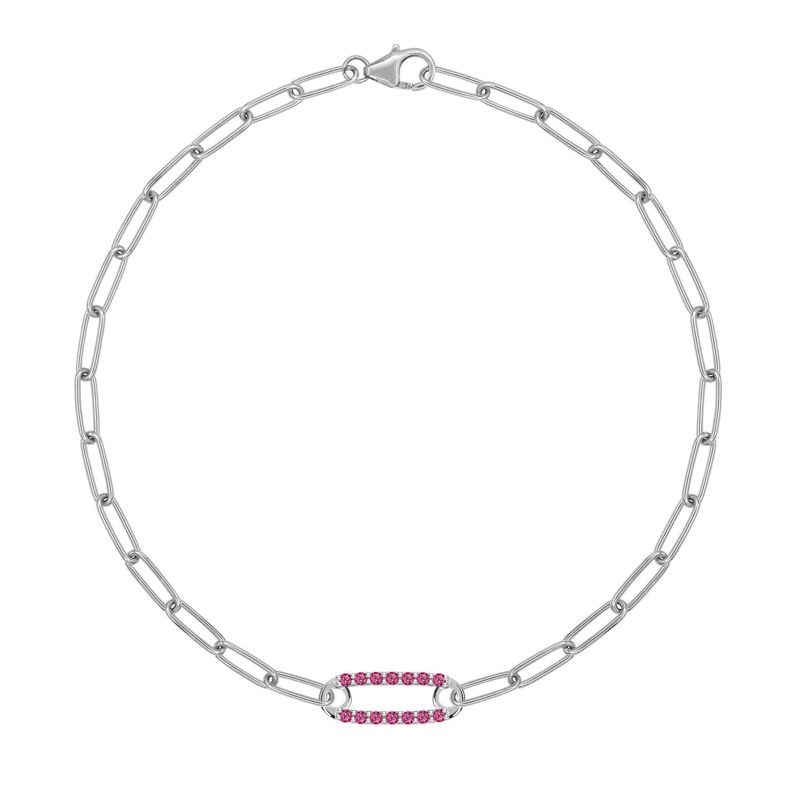 14k white gold Adelaide paperclip chain bracelet featuring one link encrusted with 1.5 mm pavé rubies