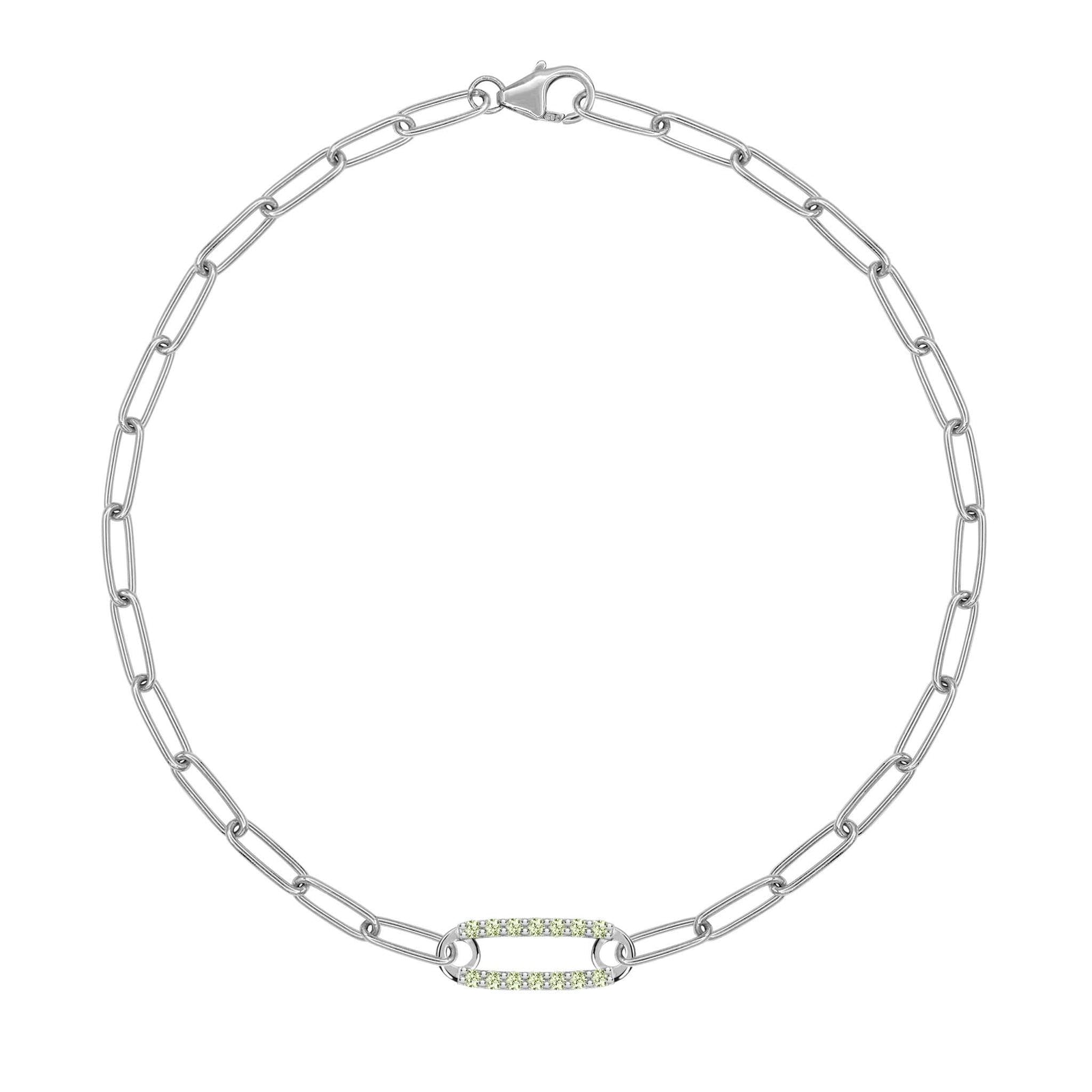14k white gold Adelaide paperclip chain bracelet featuring one link encrusted with 1.5 mm pavé peridots