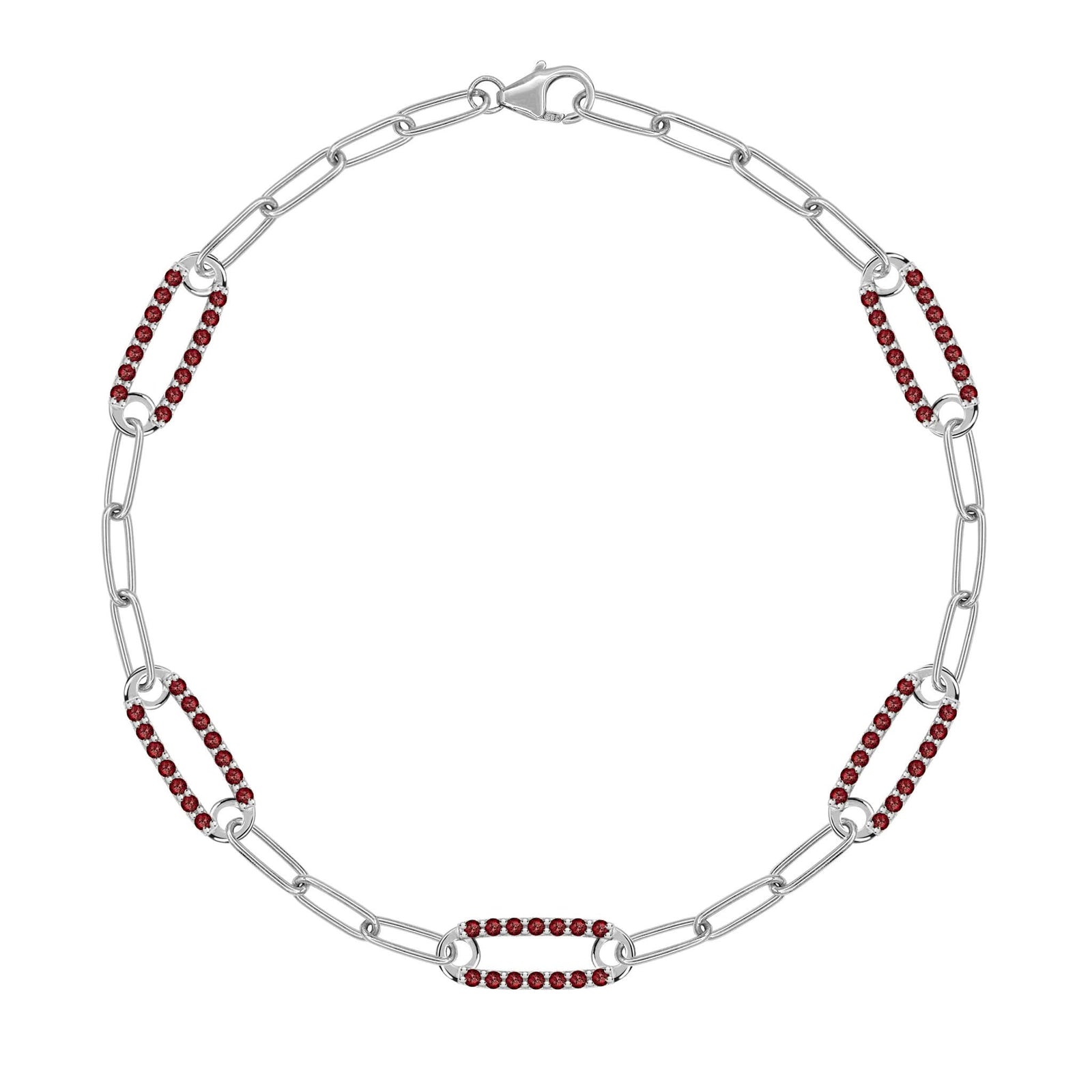 14k white gold Adelaide paperclip chain bracelet featuring five links encrusted with 1.5 mm pavé garnets