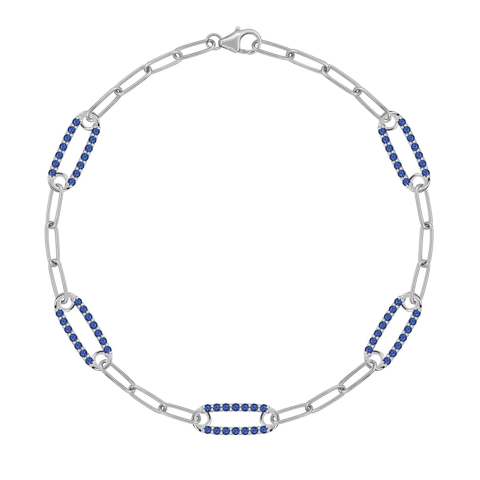 14k white gold Adelaide paperclip chain bracelet featuring five links encrusted with 1.5 mm pavé sapphires