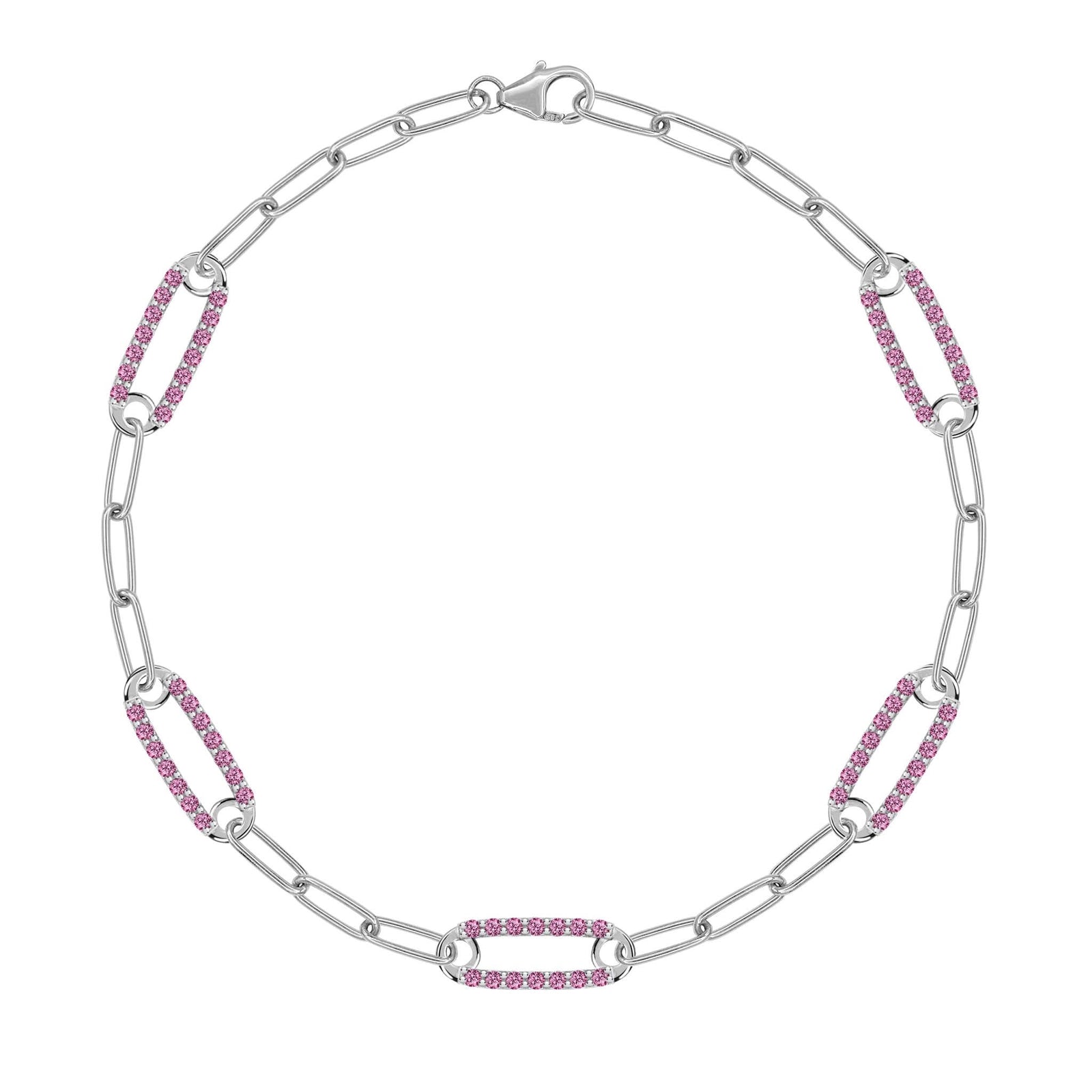 14k white gold Adelaide paperclip chain bracelet featuring five links encrusted with 1.5 mm pavé pink sapphires
