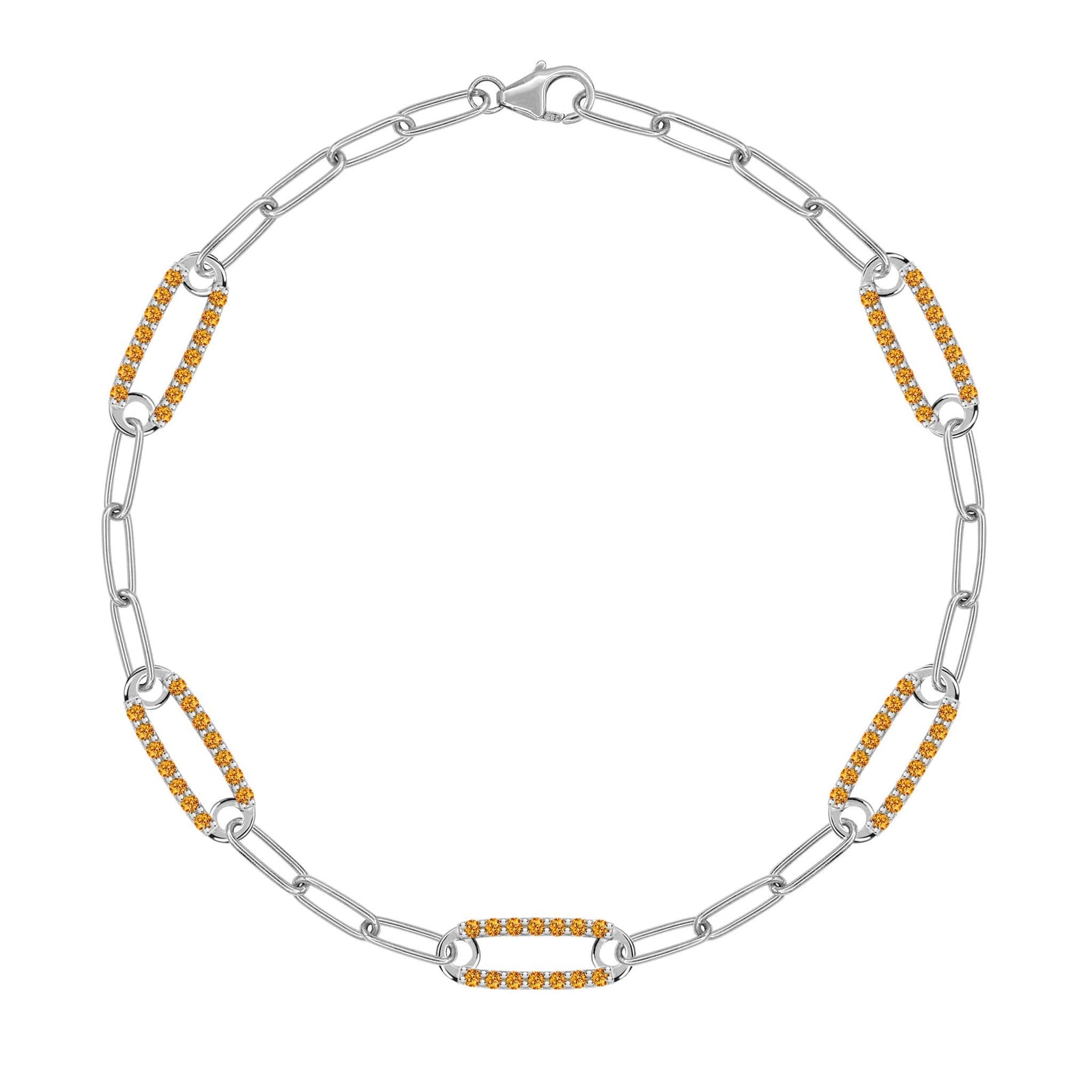 14k white gold Adelaide paperclip chain bracelet featuring five links encrusted with 1.5 mm pavé citrines