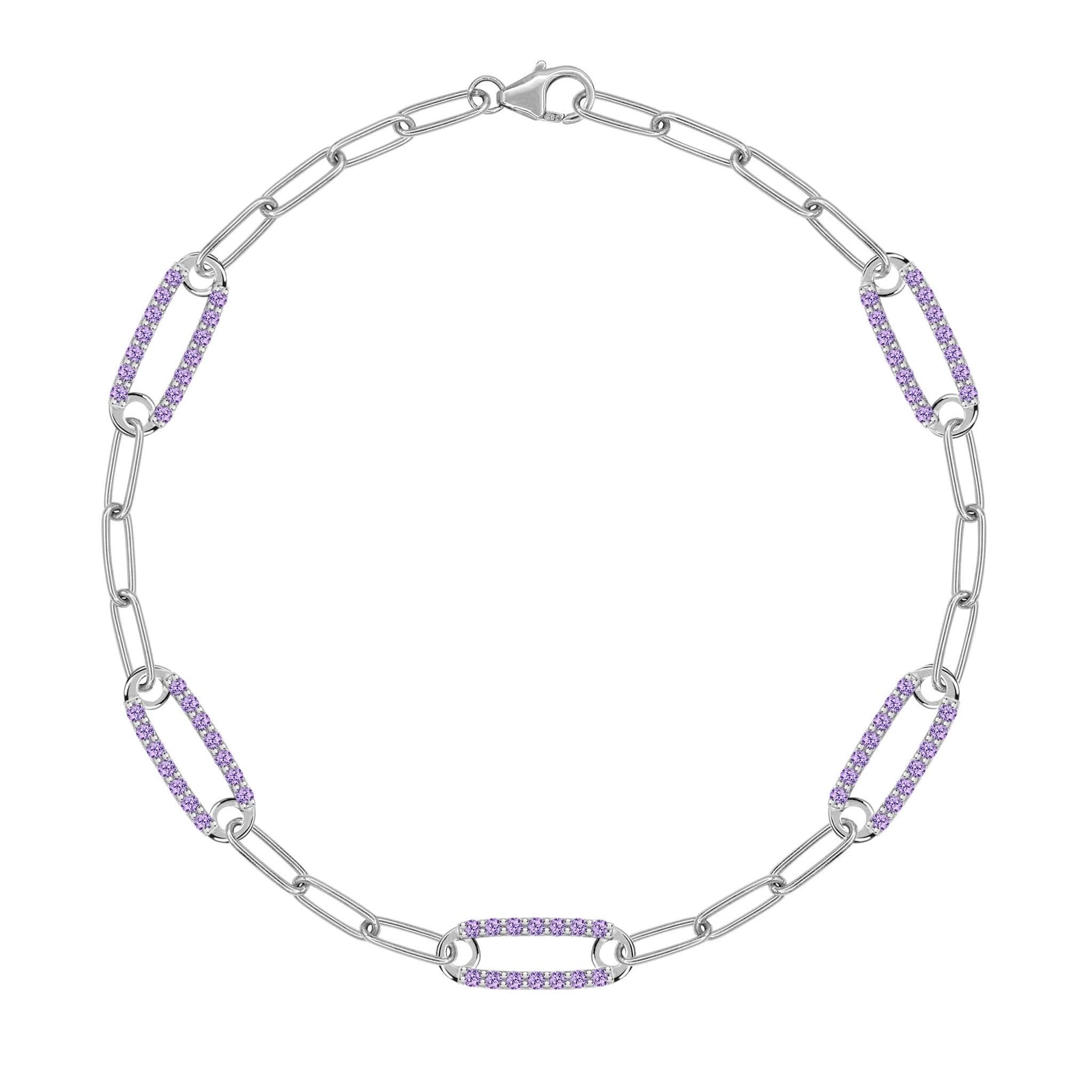 14k white gold Adelaide paperclip chain bracelet featuring five links encrusted with 1.5 mm pavé amethysts