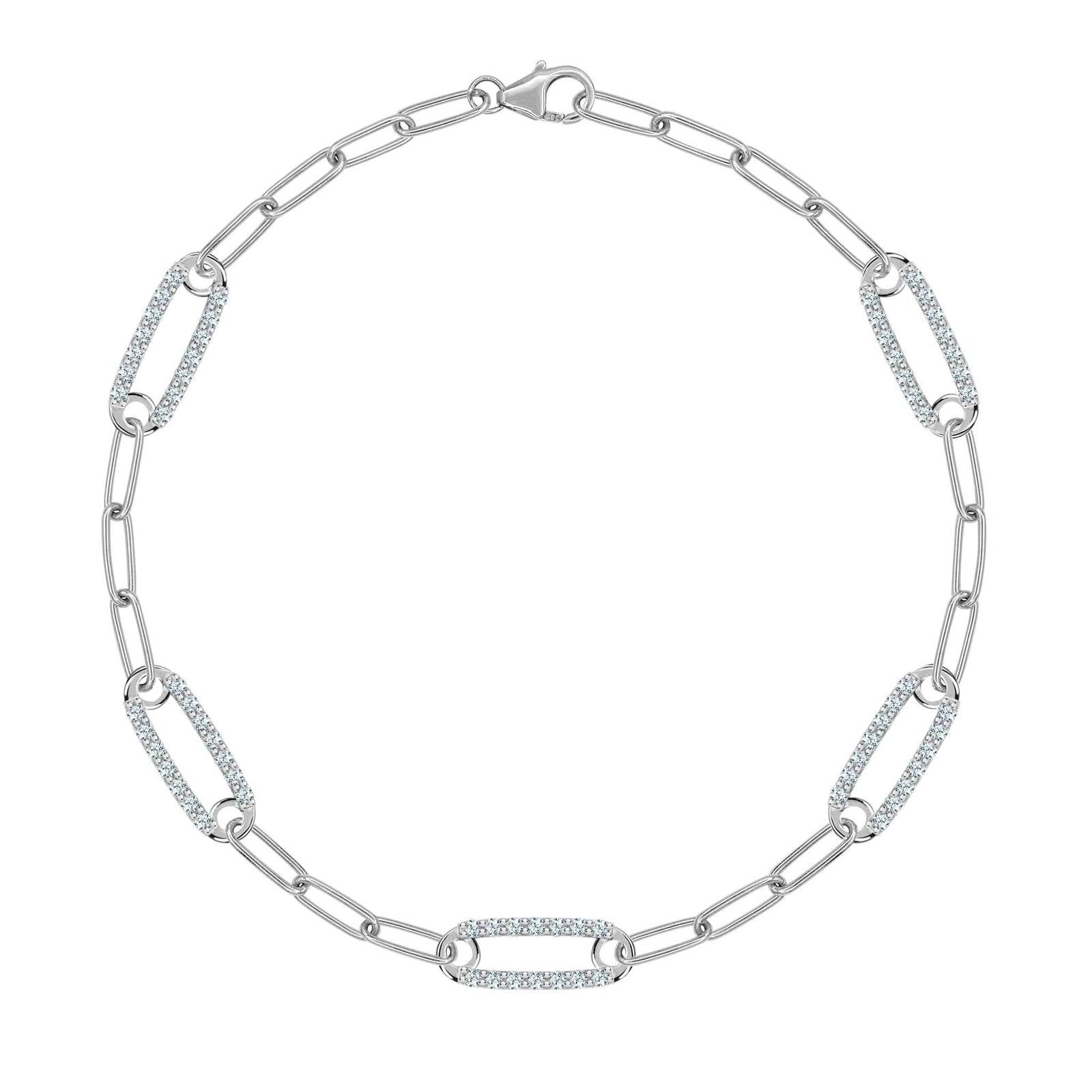 14k white gold Adelaide paperclip chain bracelet featuring five links encrusted with 1.5 mm pavé aquamarines