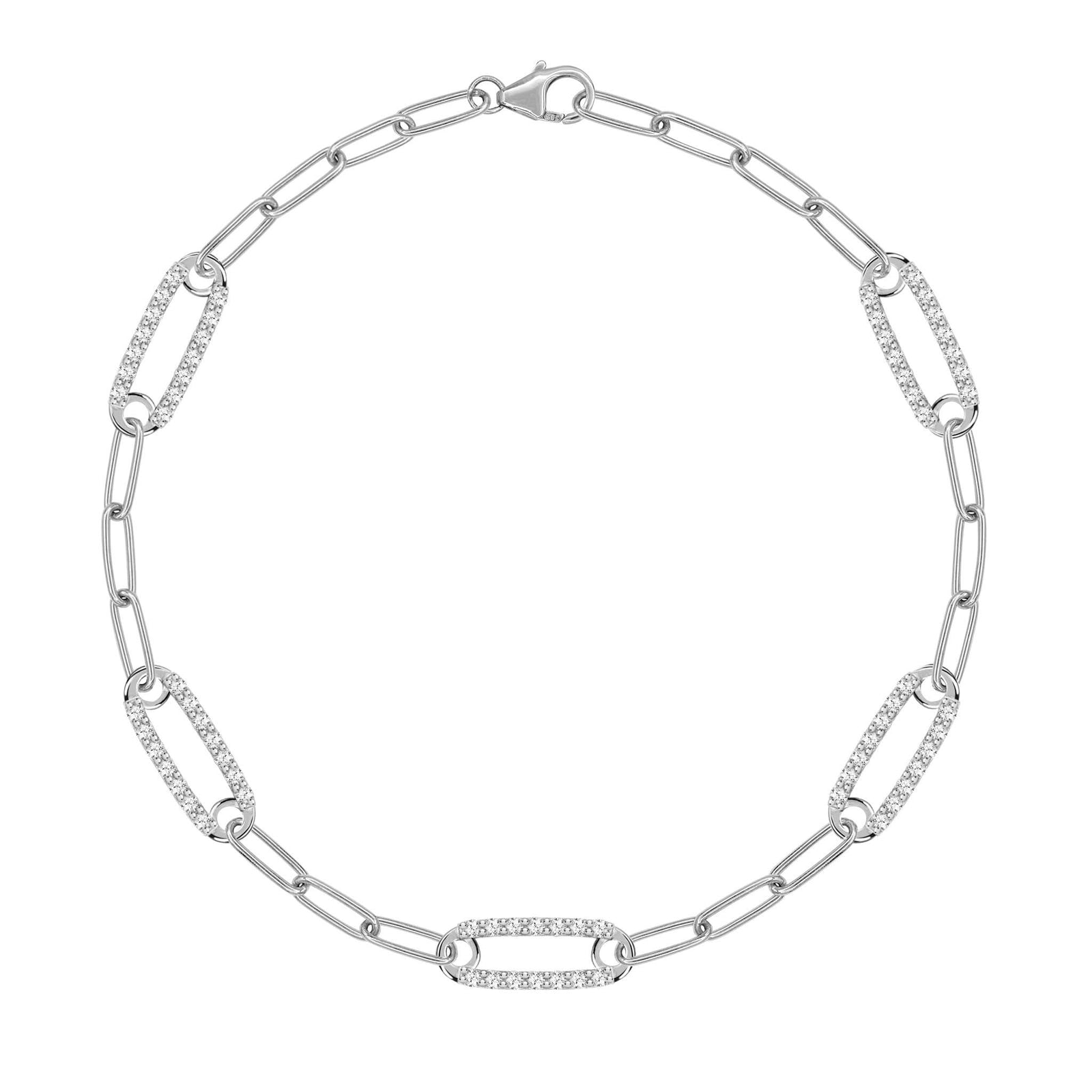14k white gold Adelaide paperclip chain bracelet featuring five links encrusted with 1.5 mm pavé white topaz
