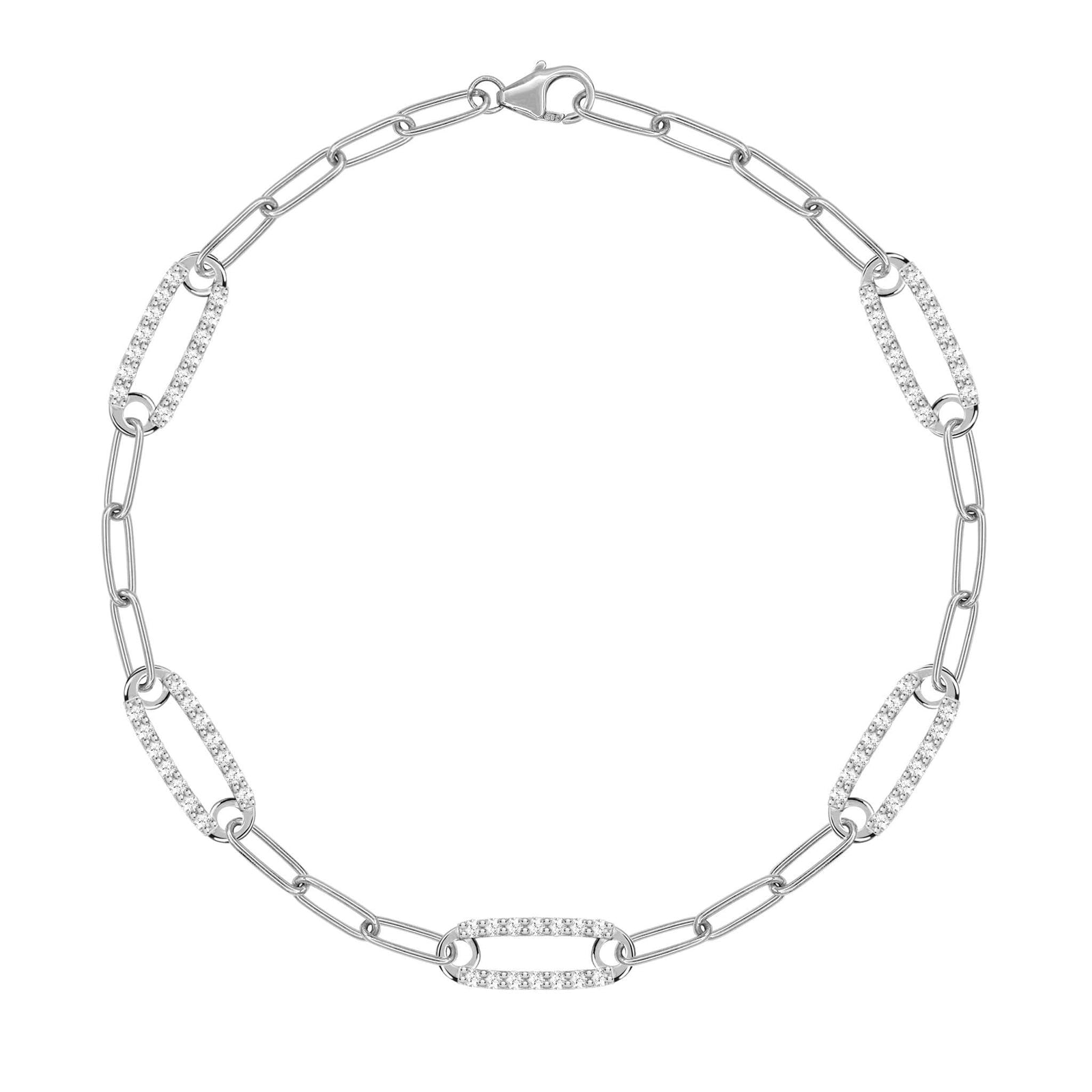14k white gold Adelaide paperclip chain bracelet featuring five links encrusted with 1.5 mm pavé diamonds