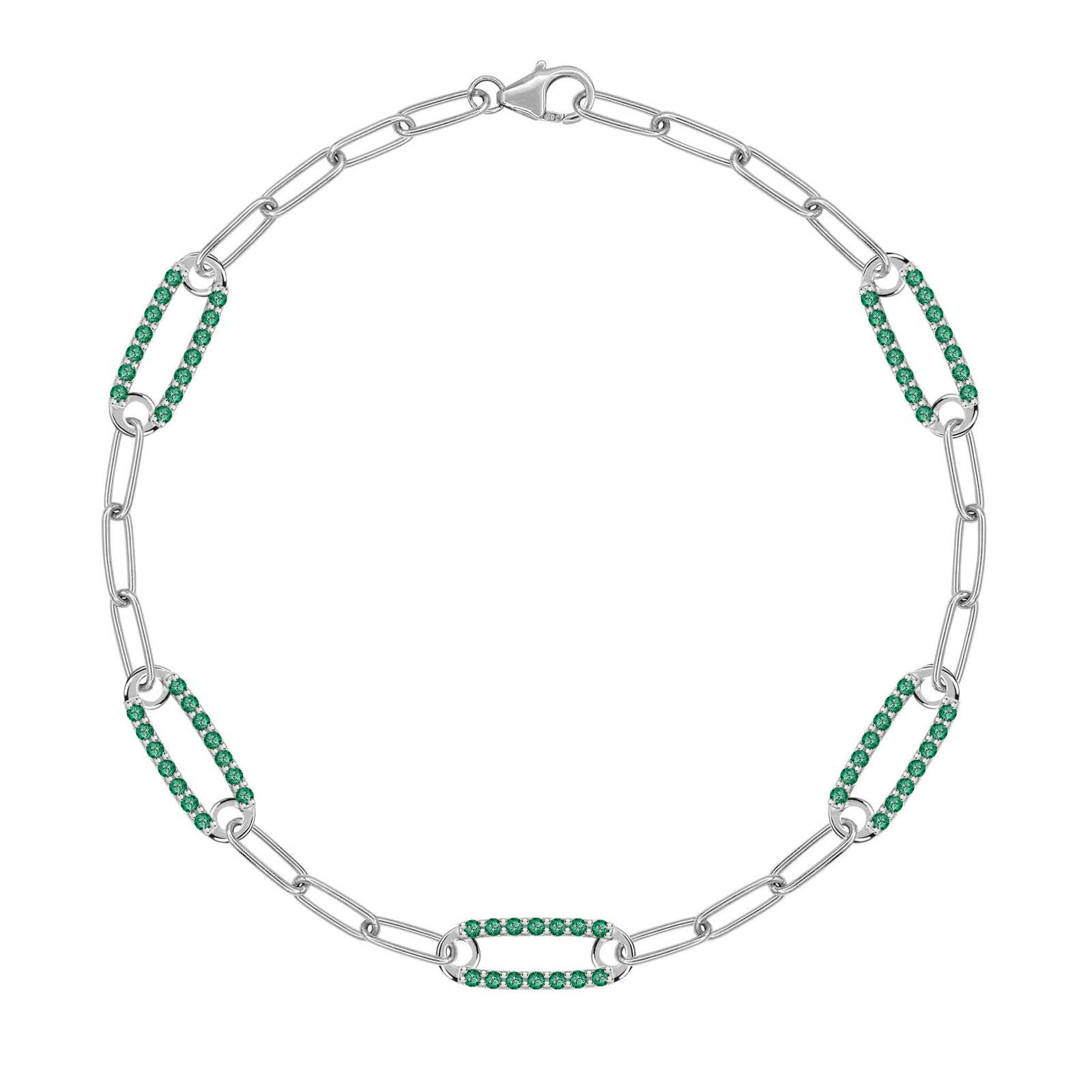 14k white gold Adelaide paperclip chain bracelet featuring five links encrusted with 1.5 mm pavé emeralds