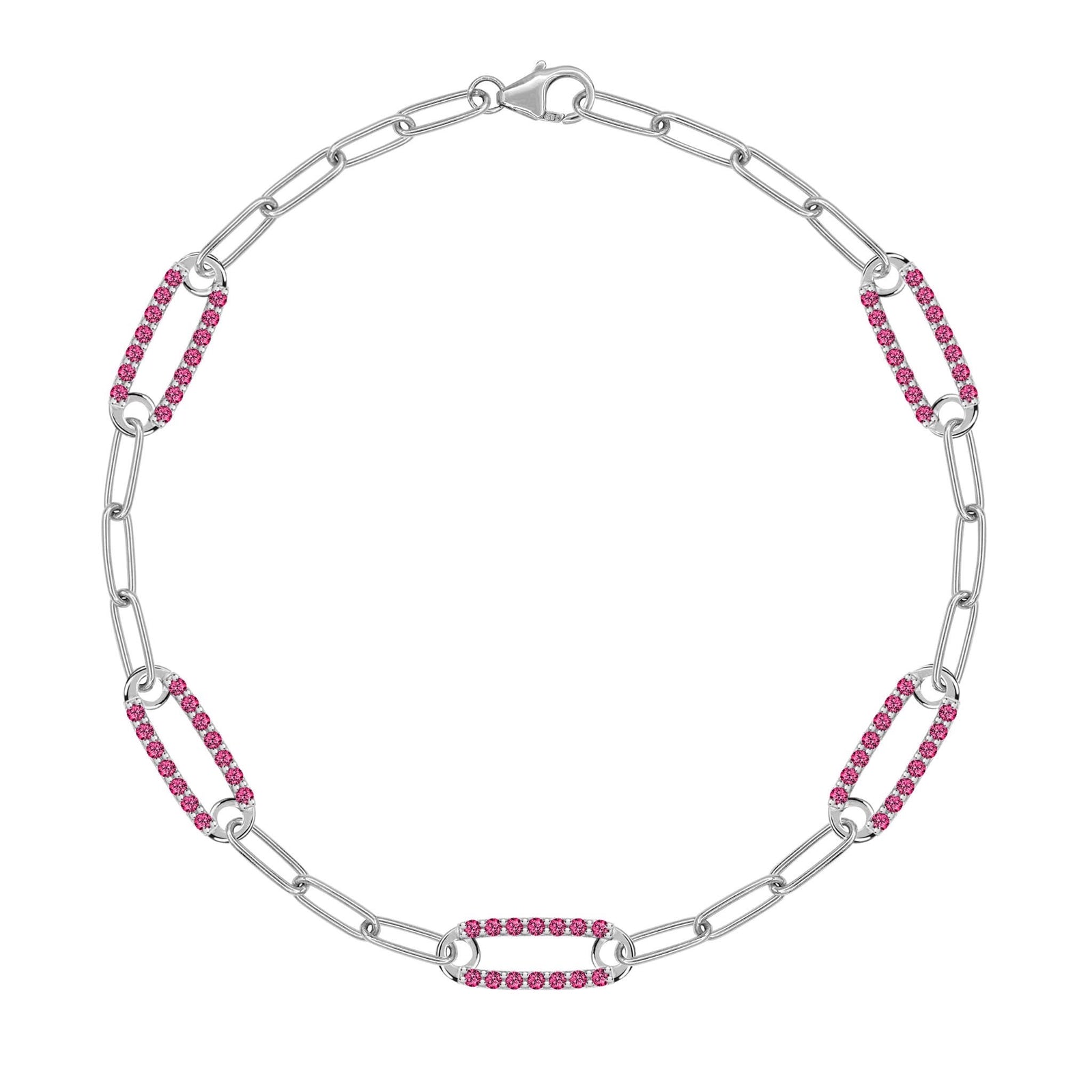 14k white gold Adelaide paperclip chain bracelet featuring five links encrusted with 1.5 mm pavé rubies