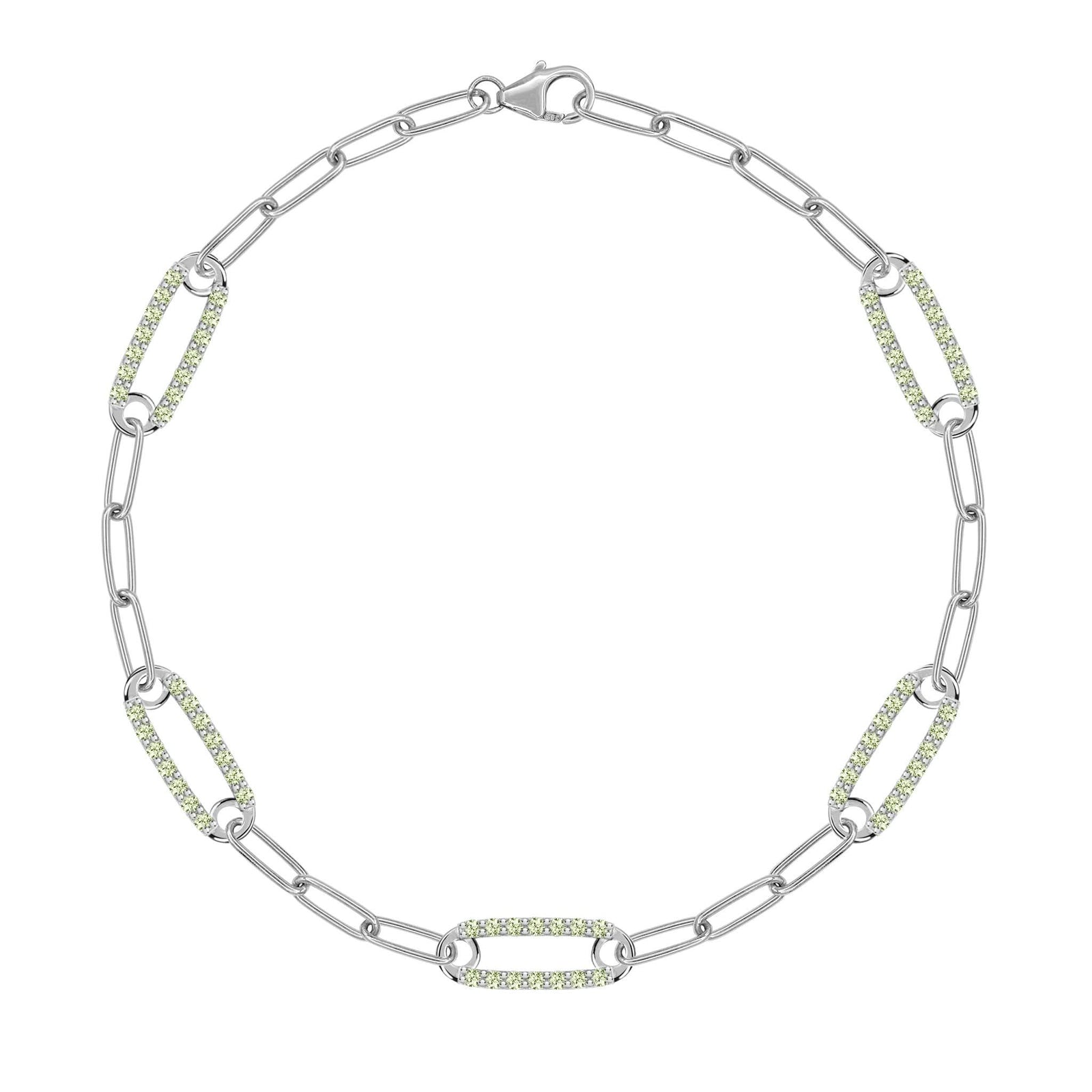 14k white gold Adelaide paperclip chain bracelet featuring five links encrusted with 1.5 mm pavé peridots