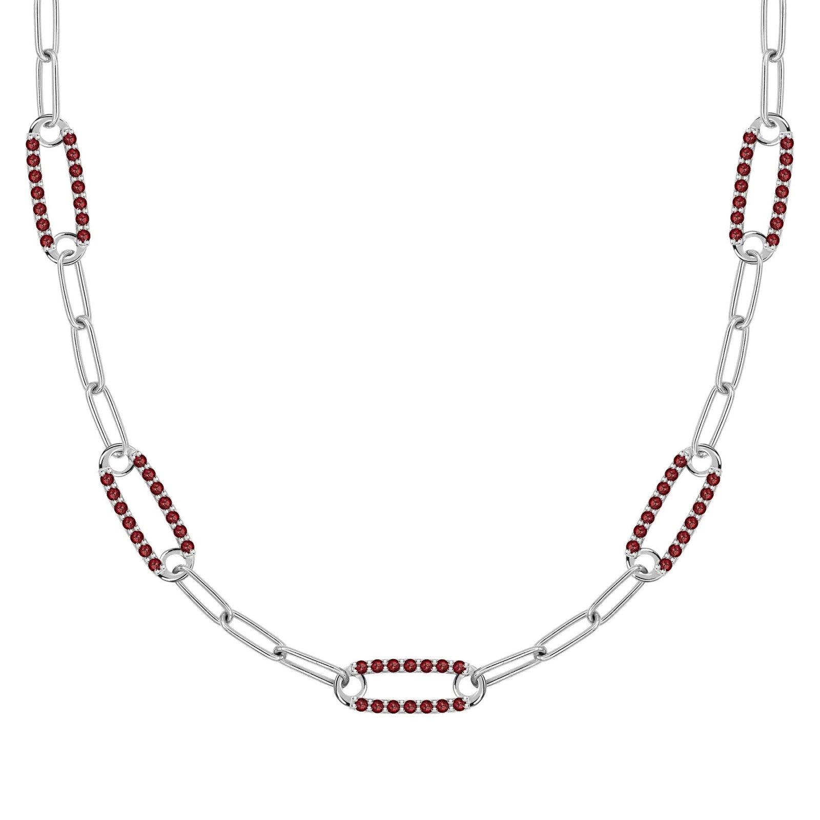 14k white gold Adelaide paperclip chain necklace featuring five links encrusted with 1.5 mm pavé garnets