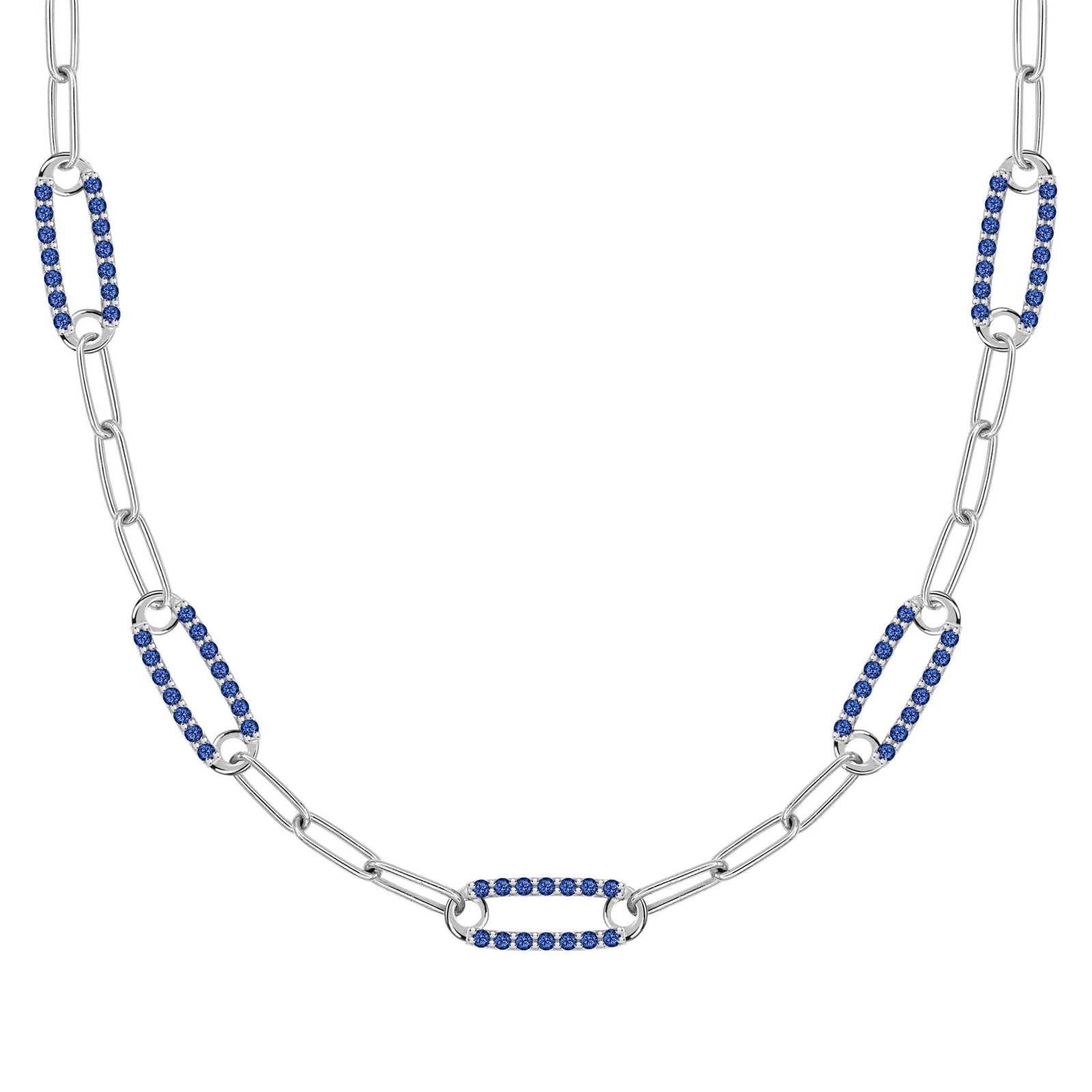 14k white gold Adelaide paperclip chain necklace featuring five links encrusted with 1.5 mm pavé sapphires