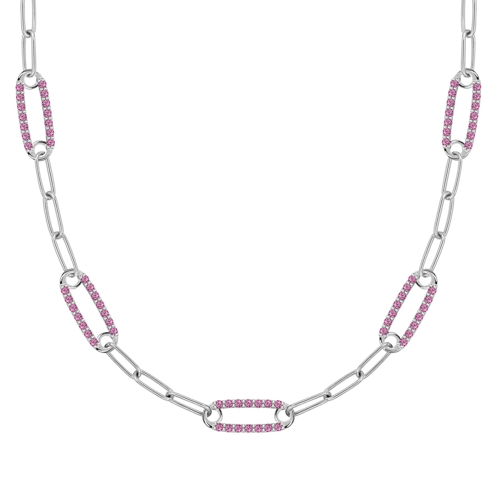 14k white gold Adelaide paperclip chain necklace featuring five links encrusted with 1.5 mm pavé pink sapphires