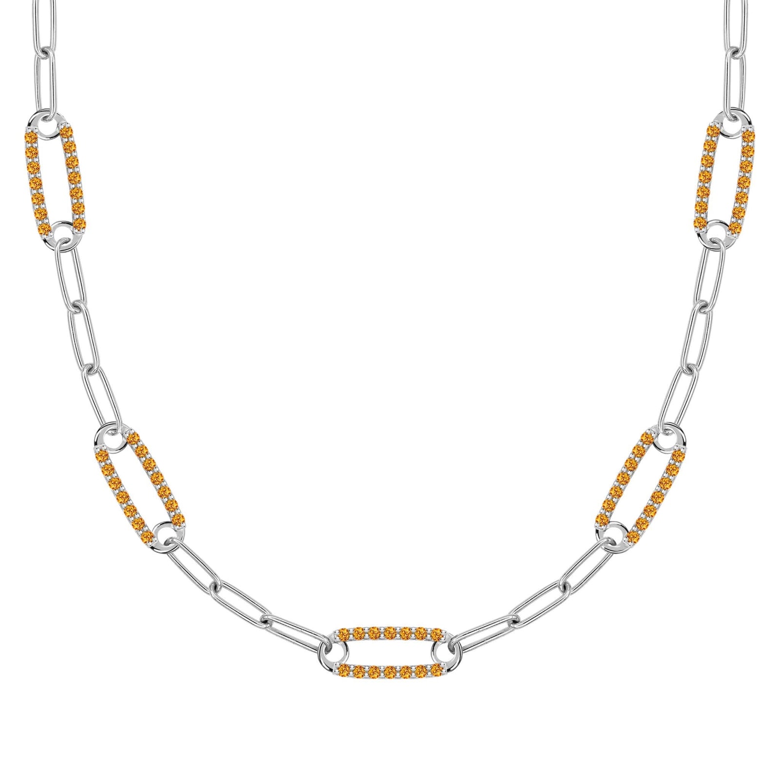 14k white gold Adelaide paperclip chain necklace featuring five links encrusted with 1.5 mm pavé citrines