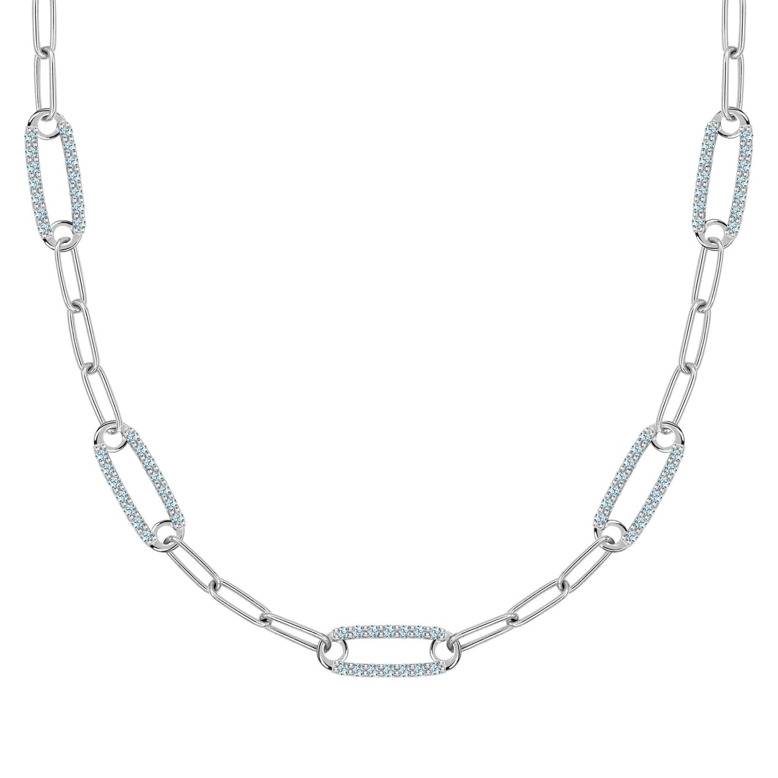 14k white gold Adelaide paperclip chain necklace featuring five links encrusted with 1.5 mm pavé Nantucket blue topaz