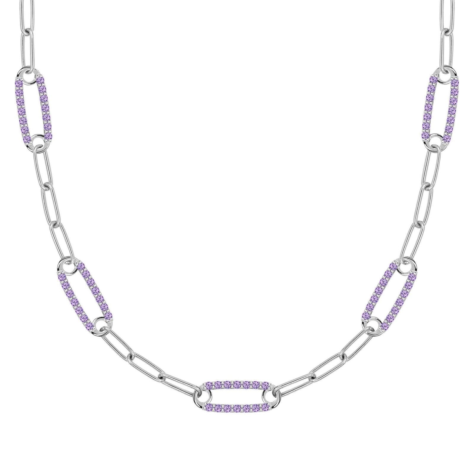 14k white gold Adelaide paperclip chain necklace featuring five links encrusted with 1.5 mm pavé amethysts