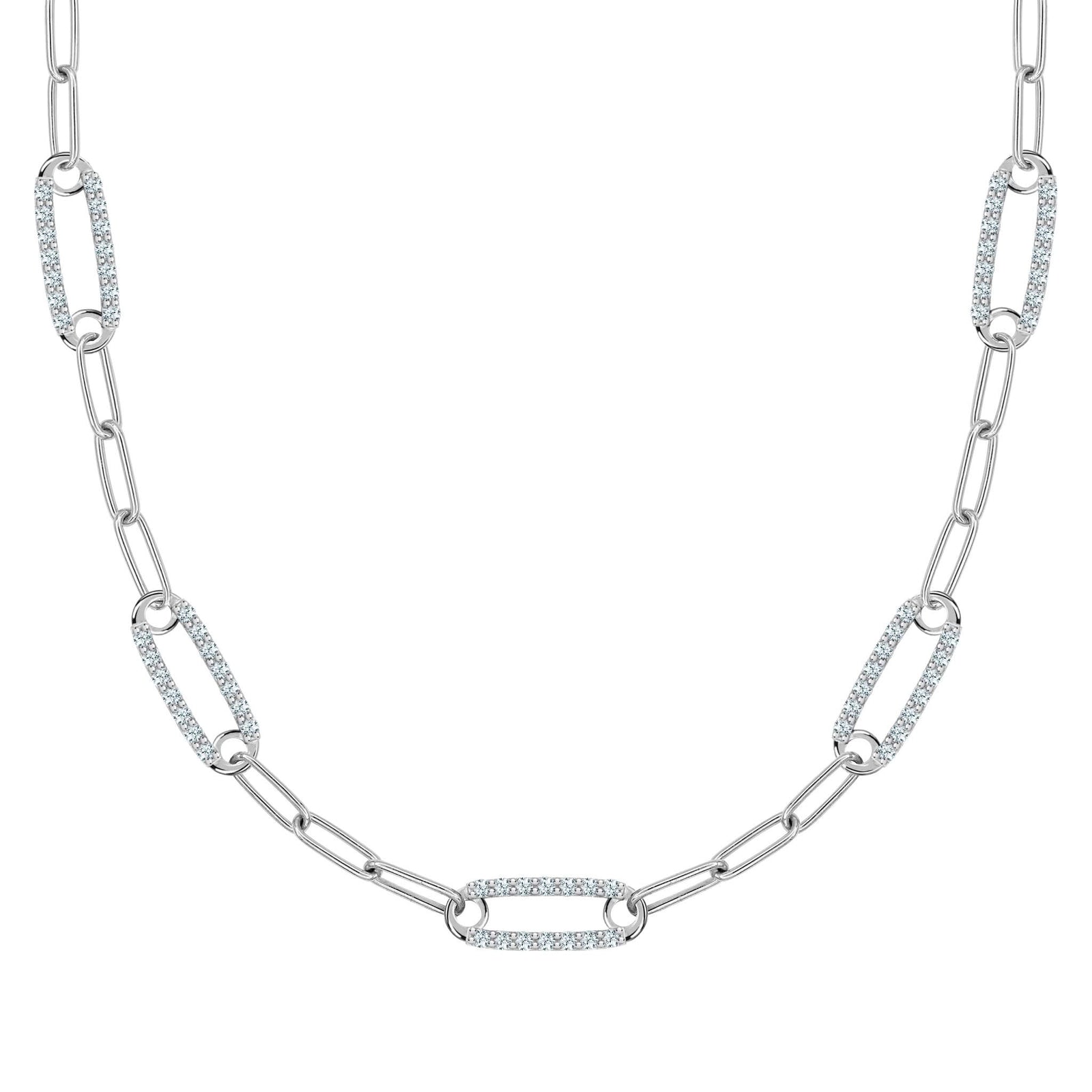 14k white gold Adelaide paperclip chain necklace featuring five links encrusted with 1.5 mm pavé aquamarines