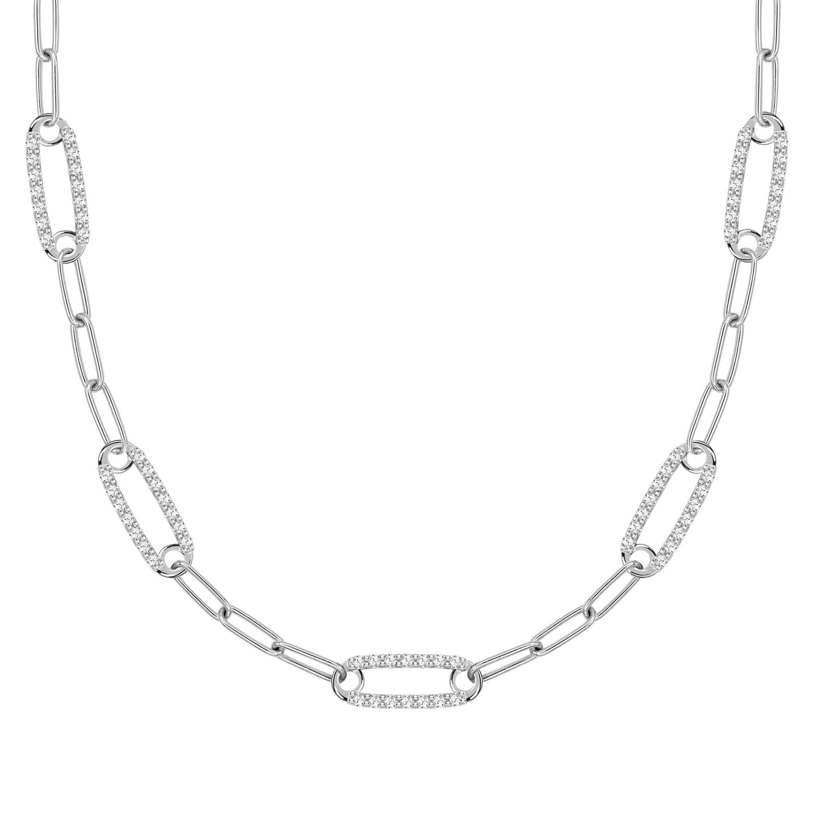 14k white gold Adelaide paperclip chain necklace featuring five links encrusted with 1.5 mm pavé white topaz