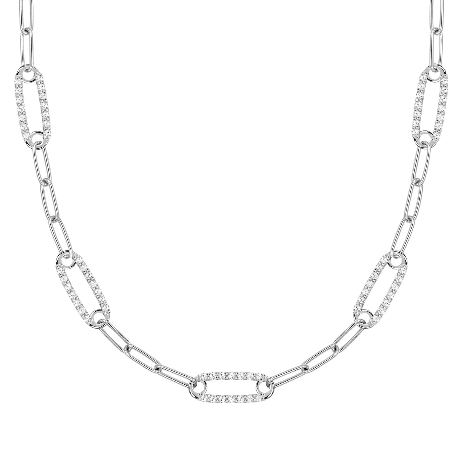 14k white gold Adelaide paperclip chain necklace featuring five links encrusted with 1.5 mm pavé diamonds