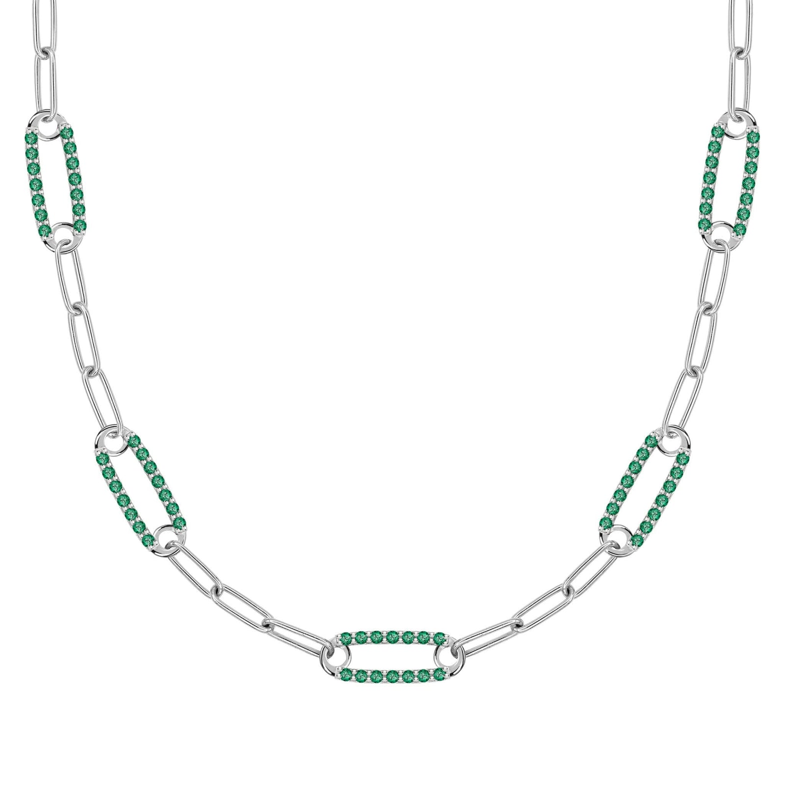 14k white gold Adelaide paperclip chain necklace featuring five links encrusted with 1.5 mm pavé emeralds