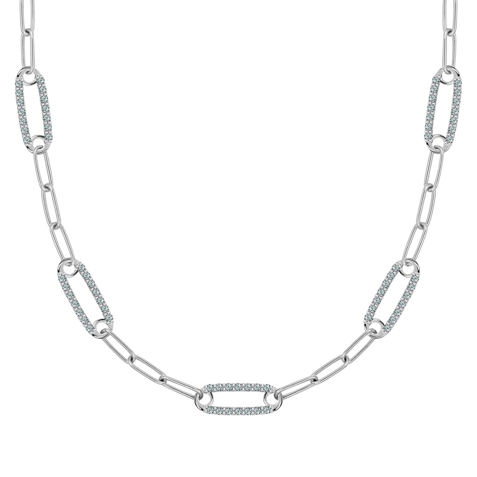 14k white gold Adelaide paperclip chain necklace featuring five links encrusted with 1.5 mm pavé alexandrites