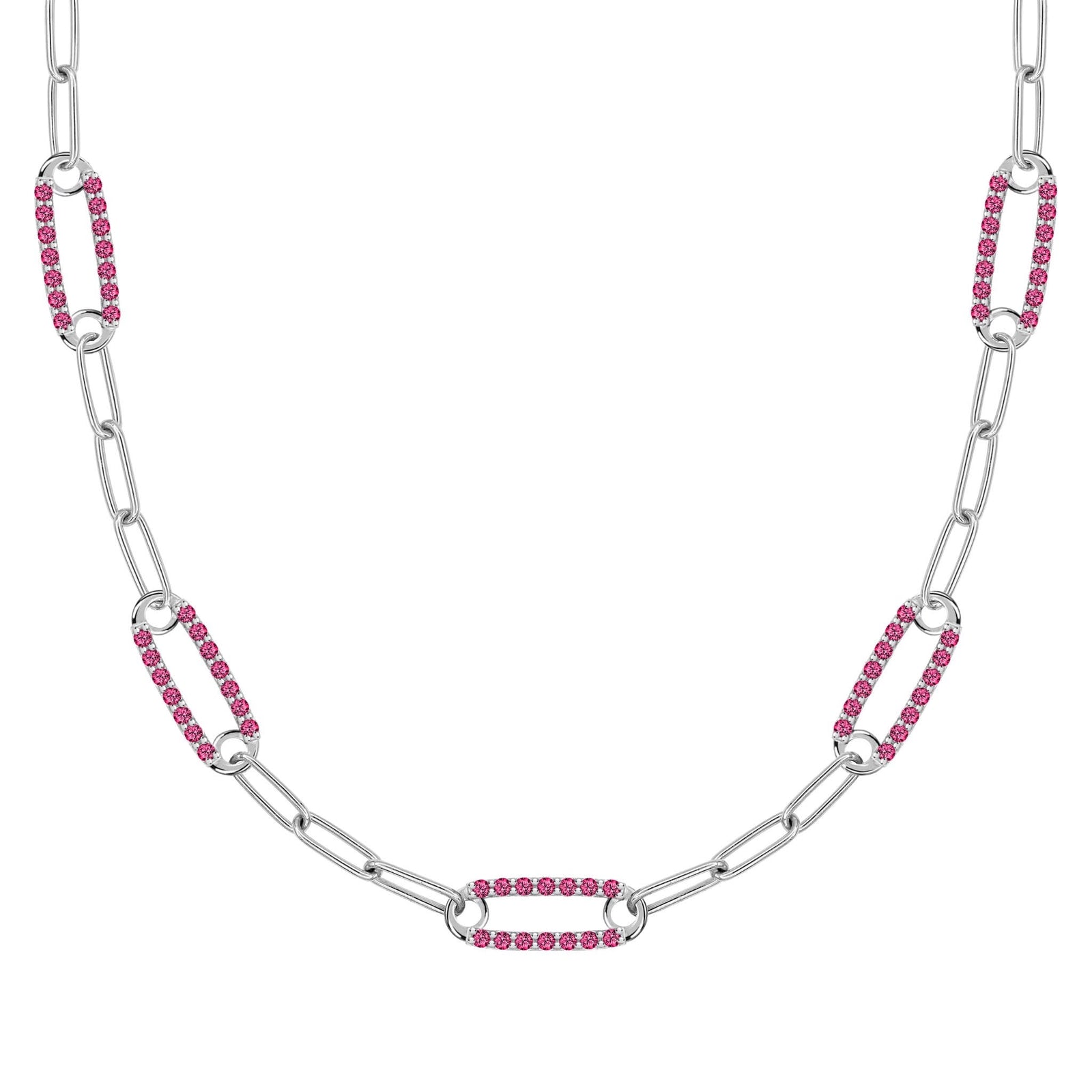 14k white gold Adelaide paperclip chain necklace featuring five links encrusted with 1.5 mm pavé rubies