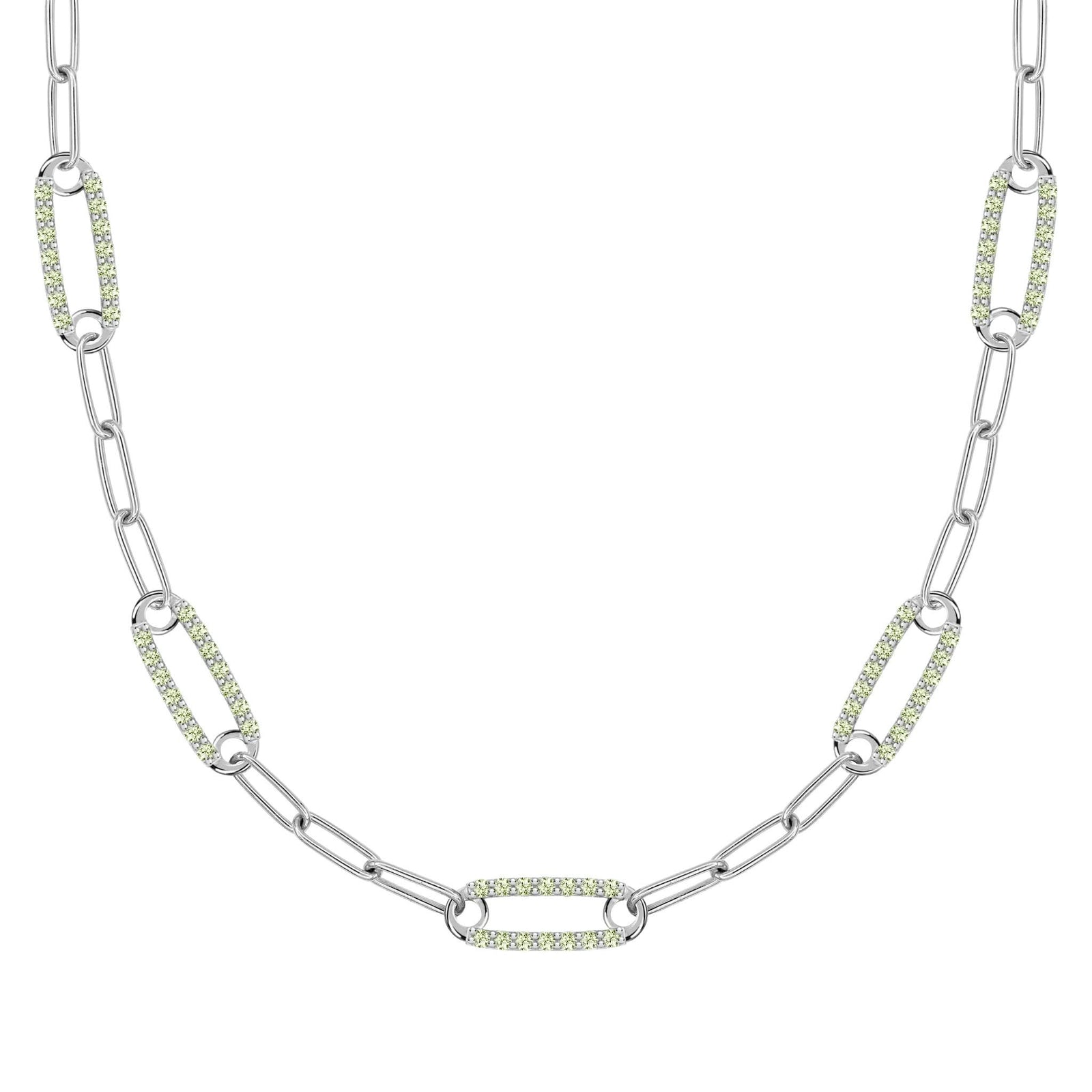 14k white gold Adelaide paperclip chain necklace featuring five links encrusted with 1.5 mm pavé peridots