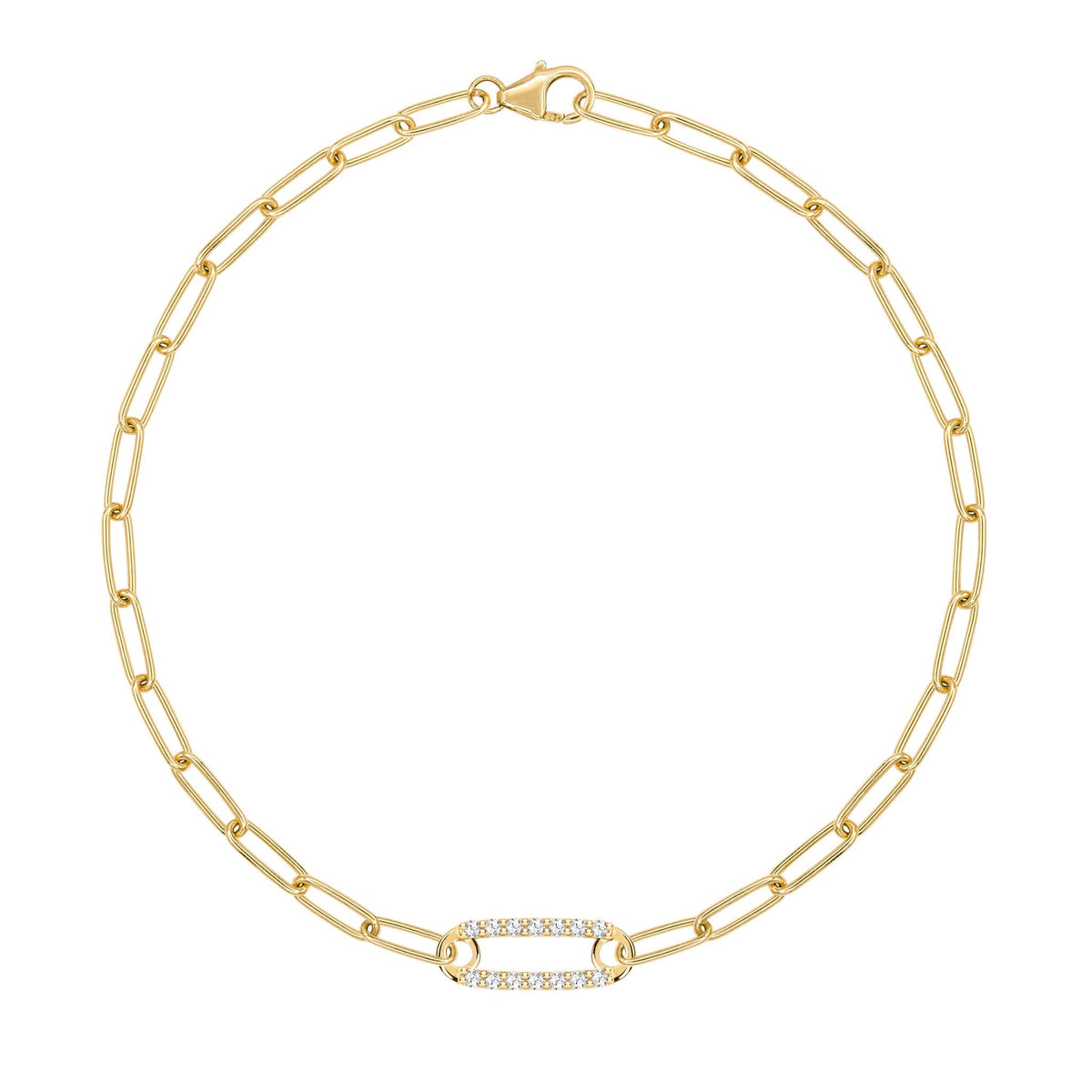 14k yellow gold Adelaide paperclip chain bracelet featuring one link encrusted with 1.5 mm pavé white topaz - front view