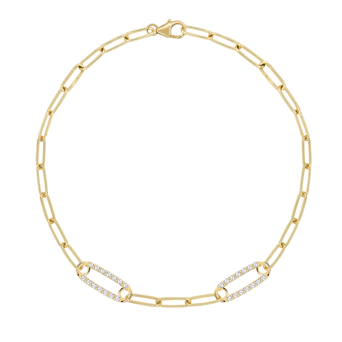 14k yellow gold Adelaide paperclip chain bracelet featuring two links encrusted with 1.5 mm pavé white topaz - front view