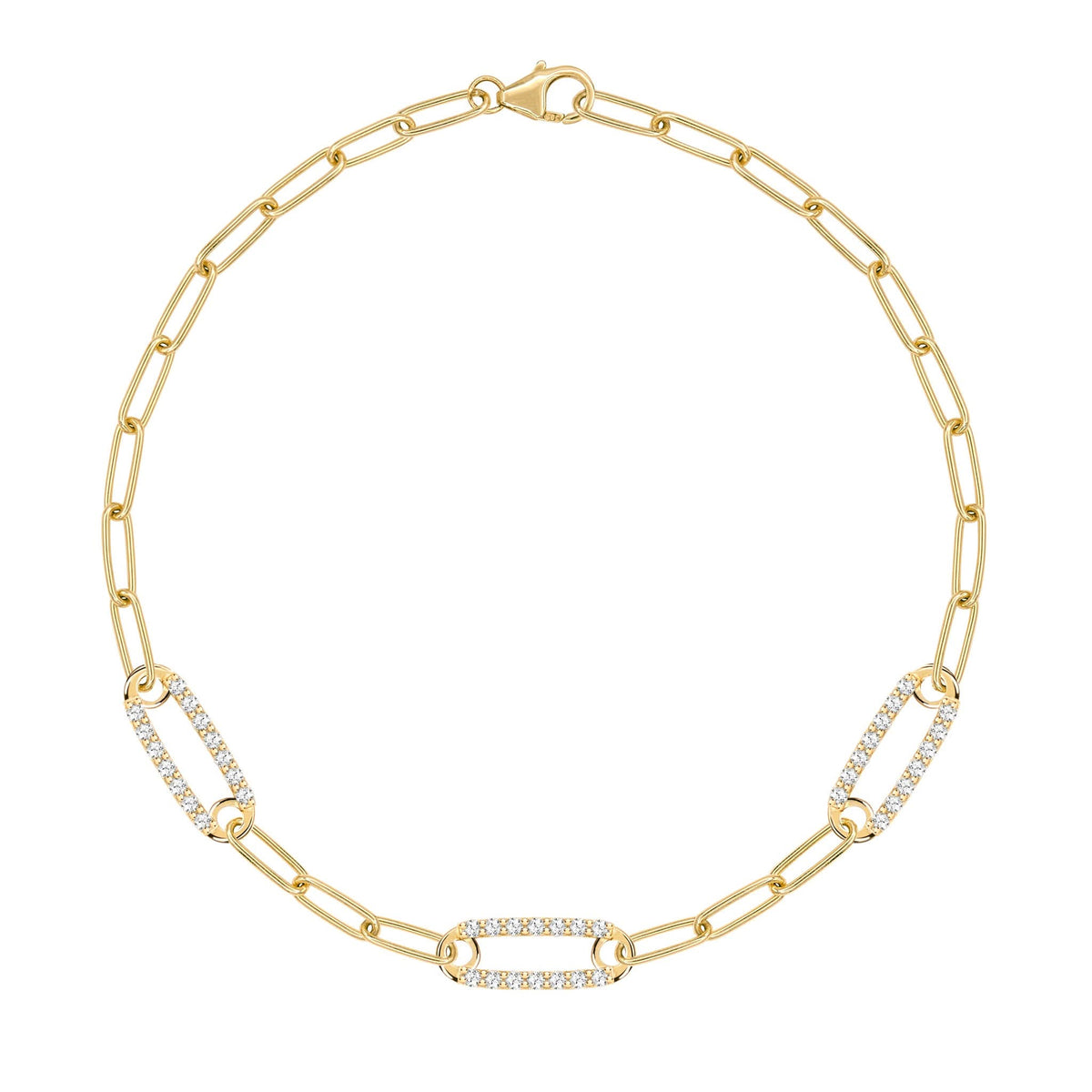 14k yellow gold Adelaide paperclip chain bracelet featuring three links encrusted with 1.5 mm pavé white topaz - front view