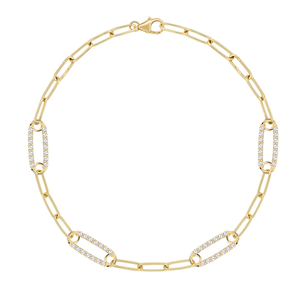 14k yellow gold Adelaide paperclip chain bracelet featuring four links encrusted with 1.5 mm pavé white topaz - front view