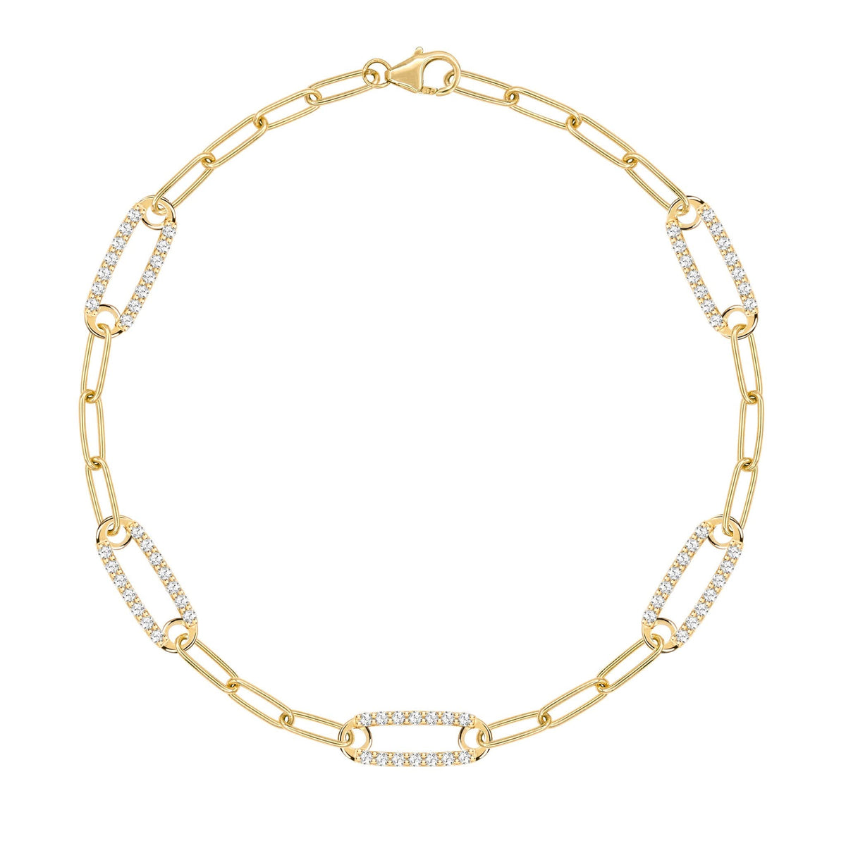14k yellow gold Adelaide paperclip chain bracelet featuring five links encrusted with 1.5 mm pavé white topaz - front view