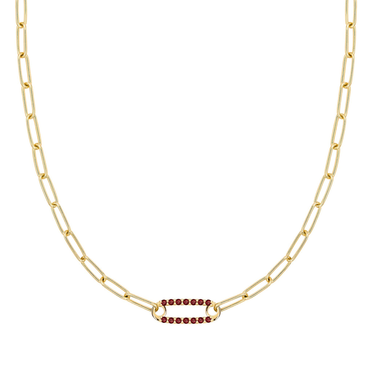 14k yellow gold Adelaide paperclip chain necklace featuring one link encrusted with 1.5 mm pavé garnets - front view