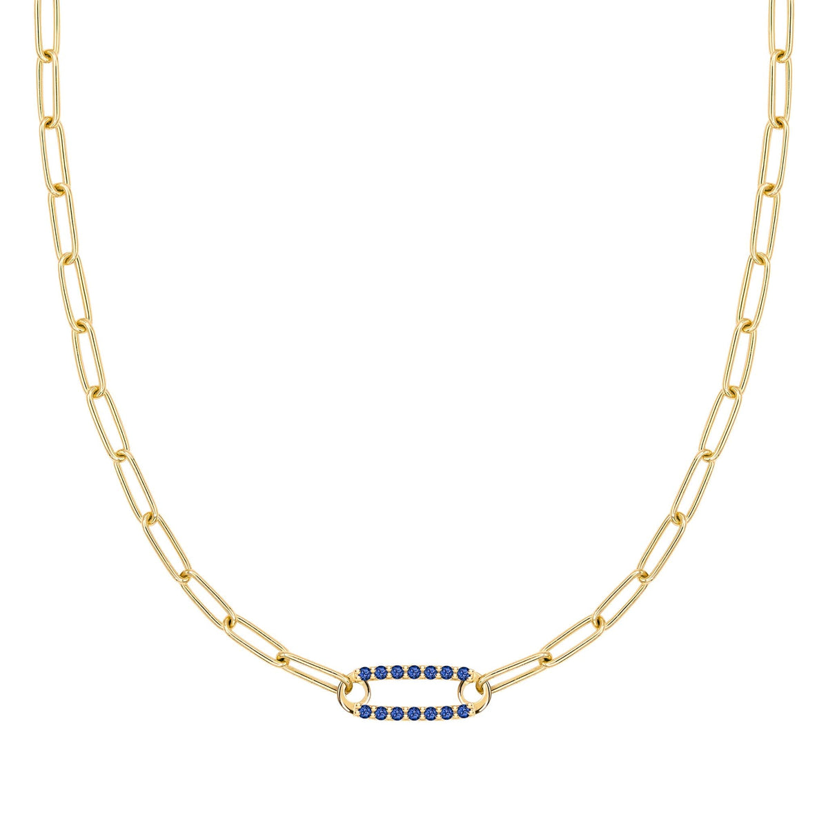 14k yellow gold Adelaide paperclip chain necklace featuring one link encrusted with 1.5 mm pavé sapphires - front view