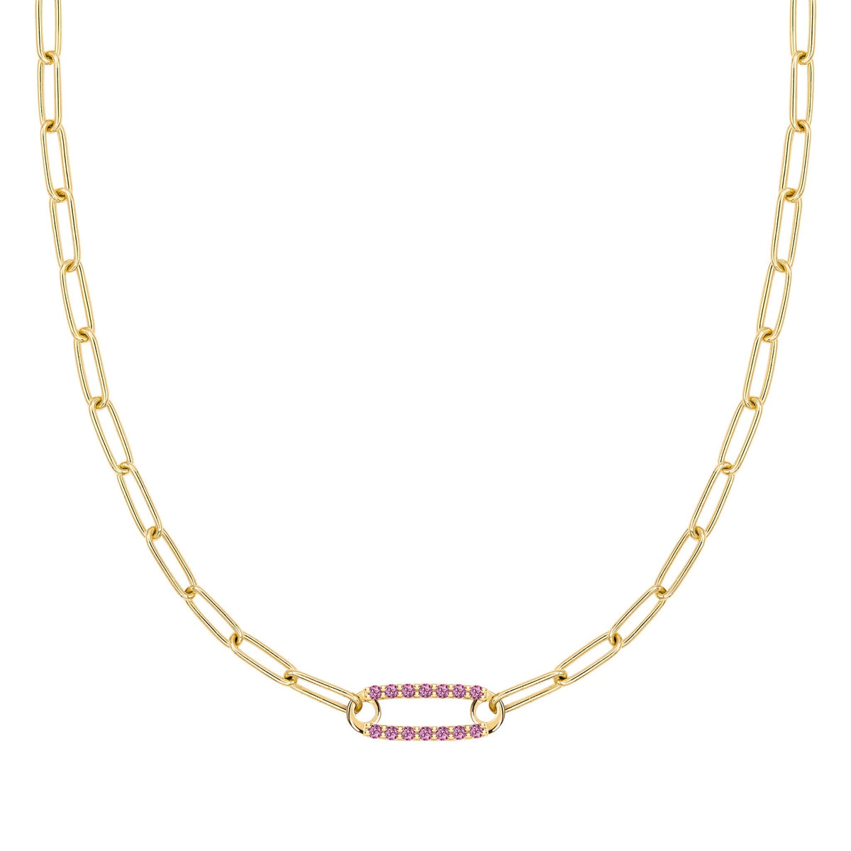 14k yellow gold Adelaide paperclip chain necklace featuring one link encrusted with 1.5 mm pavé pink sapphires - front view