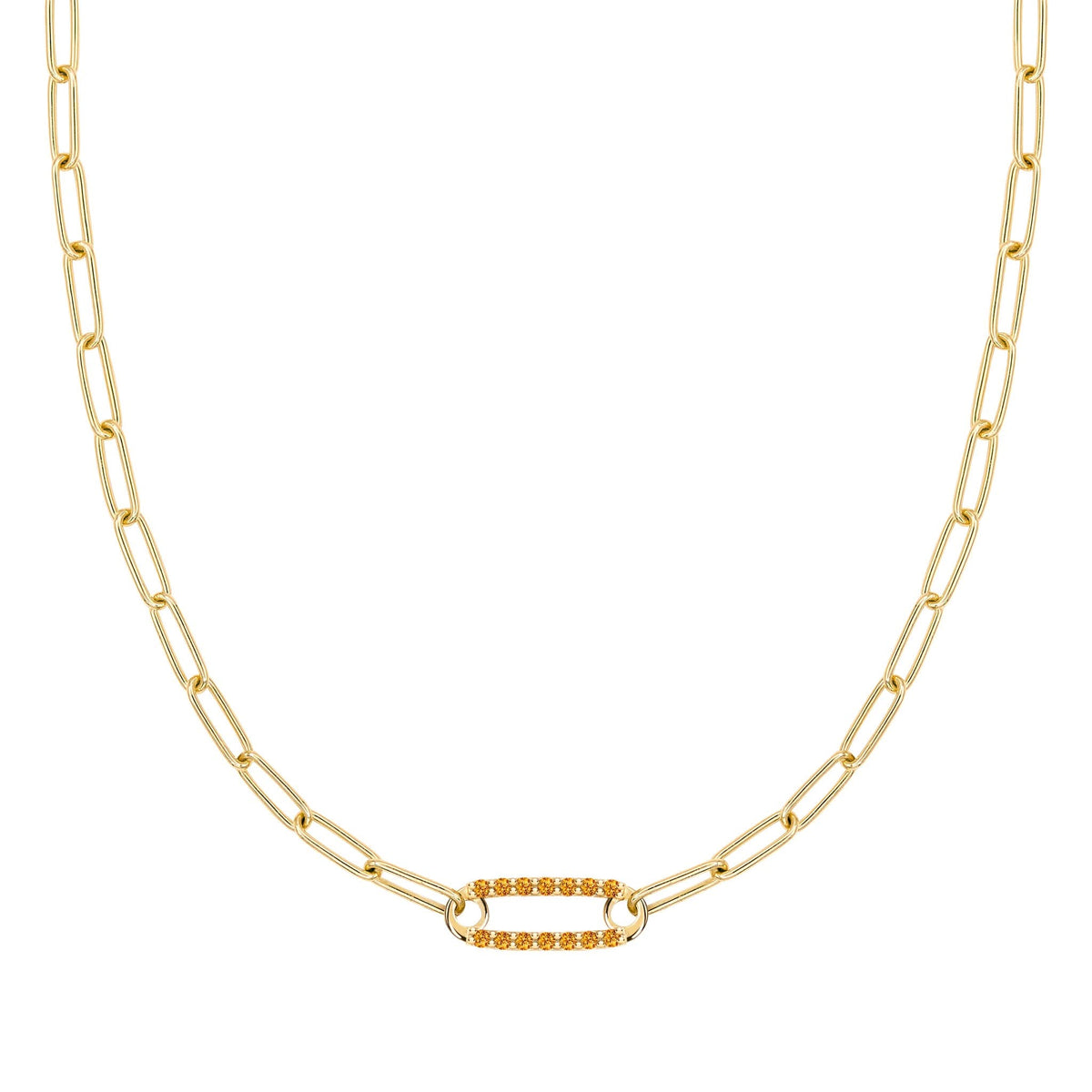 14k yellow gold Adelaide paperclip chain necklace featuring one link encrusted with 1.5 mm pavé citrines - front view