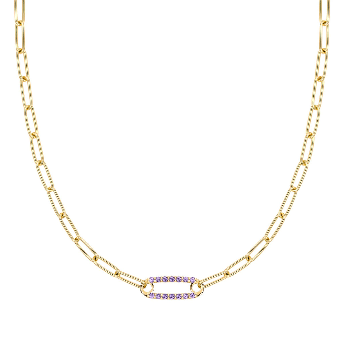 14k yellow gold Adelaide paperclip chain necklace featuring one link encrusted with 1.5 mm pavé amethysts - front view