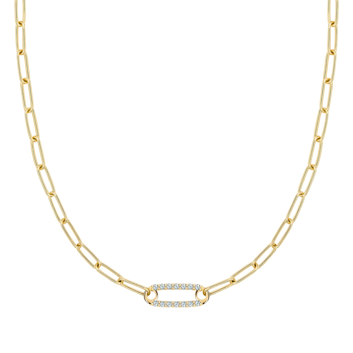 14k yellow gold Adelaide paperclip chain necklace featuring one link encrusted with 1.5 mm pavé aquamarines - front view