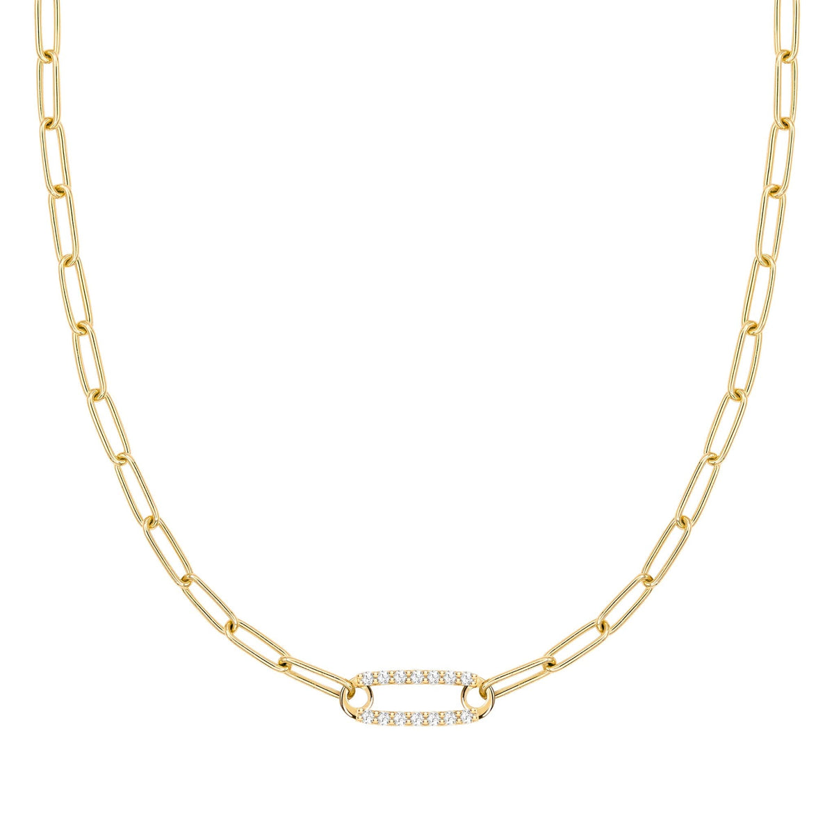 14k yellow gold Adelaide paperclip chain necklace featuring one link encrusted with 1.5 mm pavé diamonds - front view