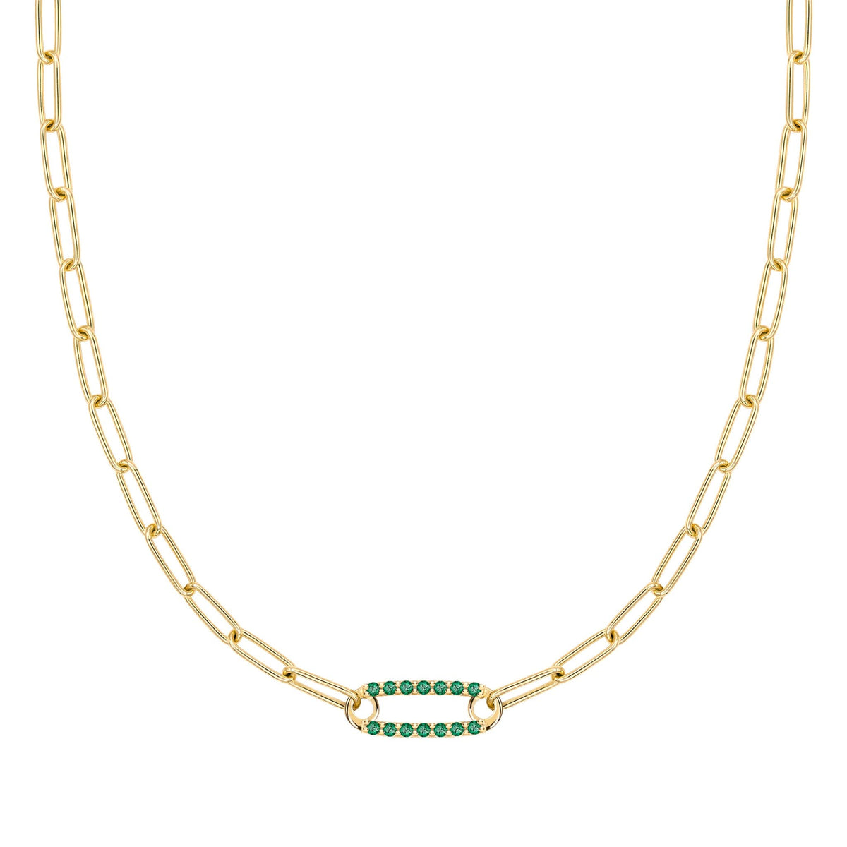 14k yellow gold Adelaide paperclip chain necklace featuring one link encrusted with 1.5 mm pavé emeralds - front view