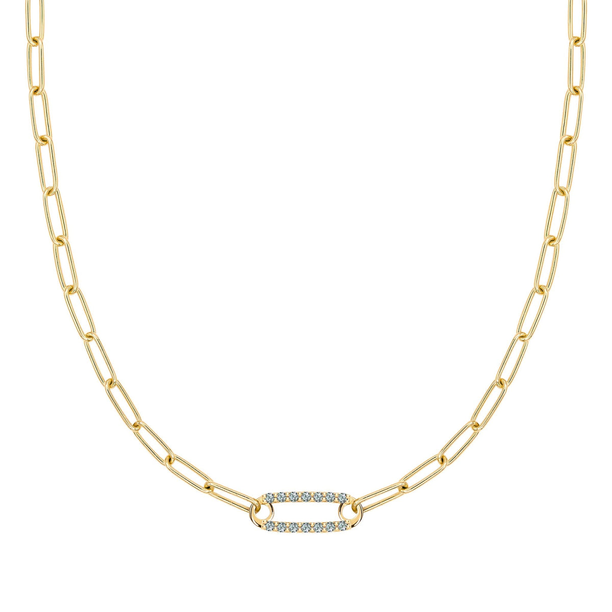 14k yellow gold Adelaide paperclip chain necklace featuring one link encrusted with 1.5 mm pavé alexandrites - front view